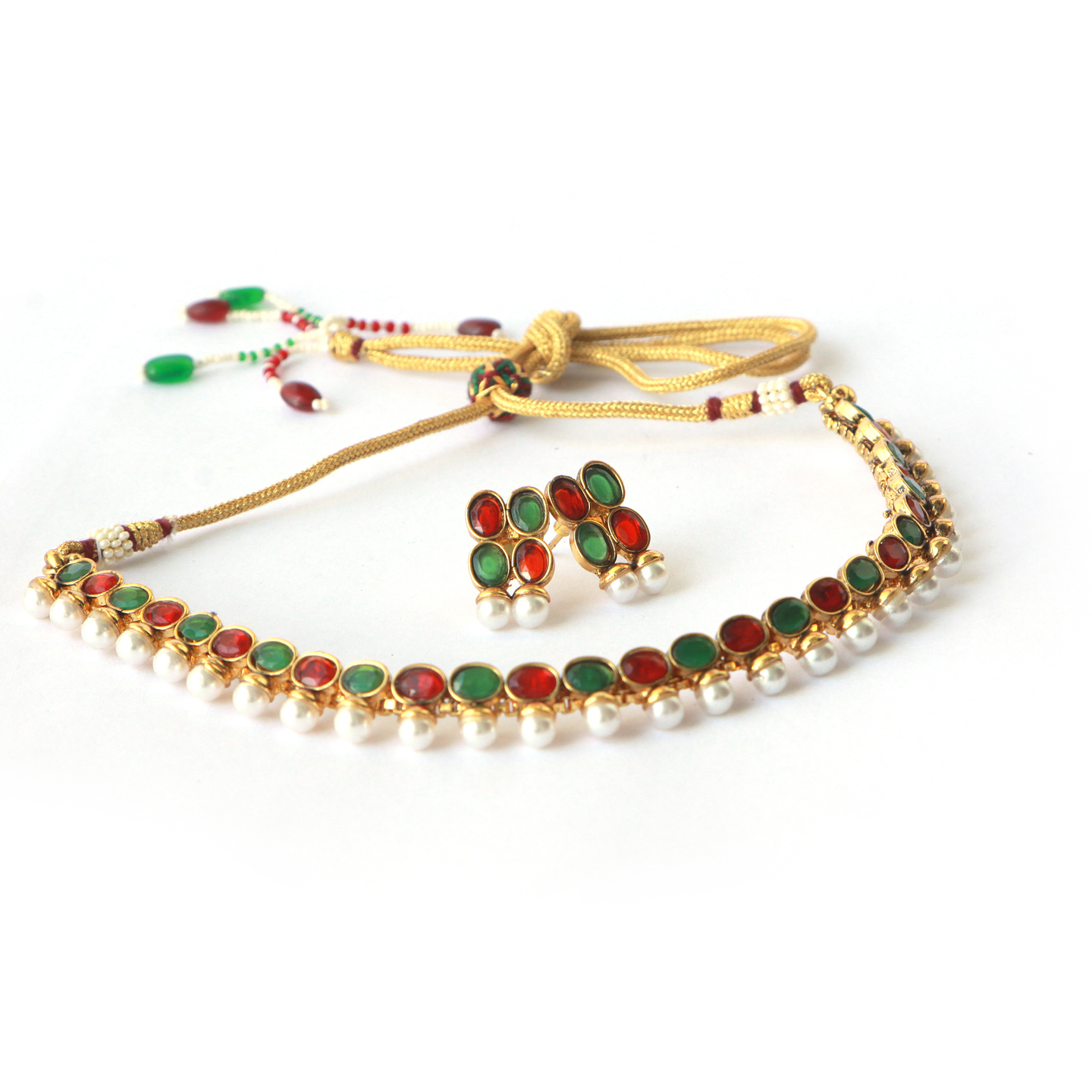 Multi Color Oval Stone Pearl Necklace Set