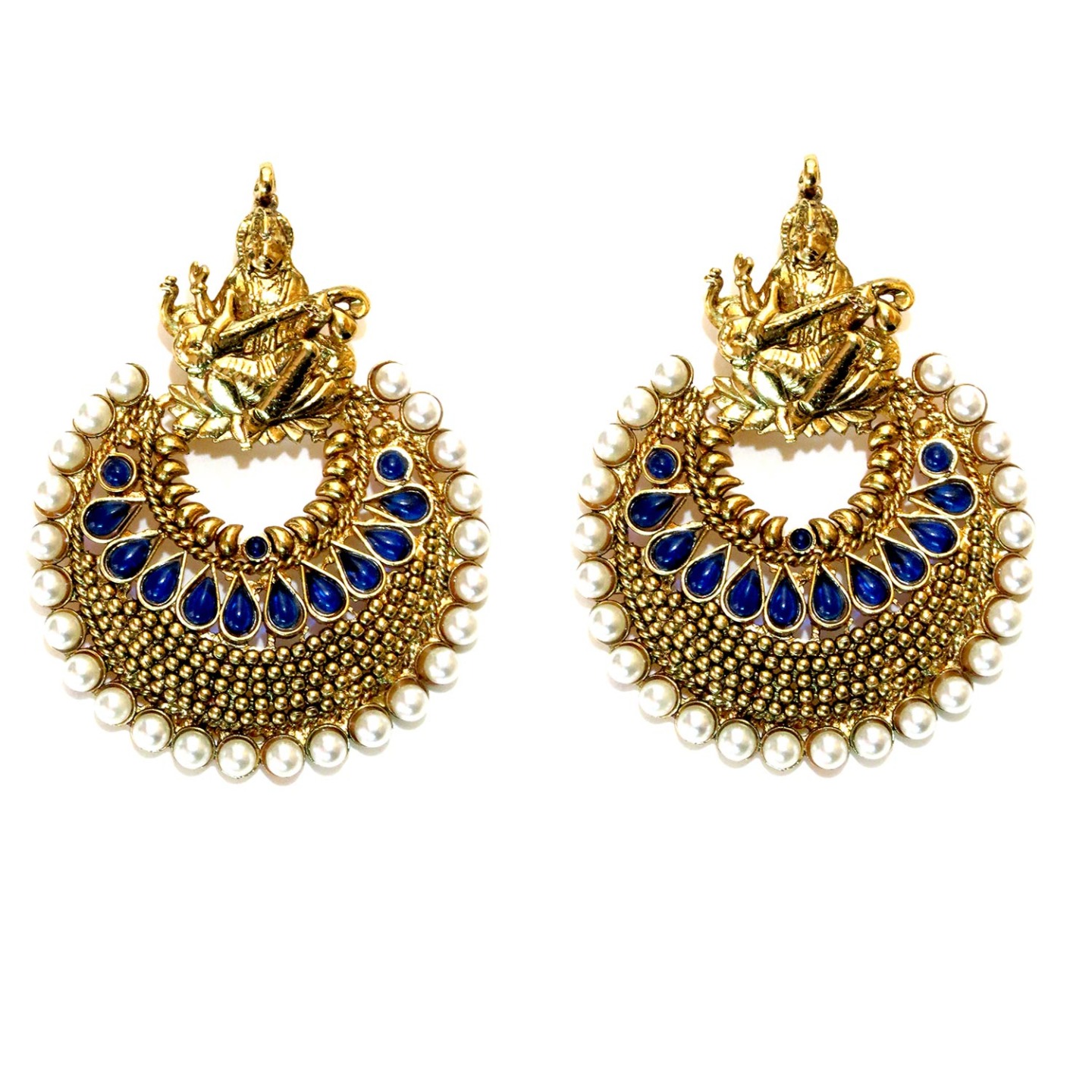 Indian Mythology Pearl Lined Earrings - Blue