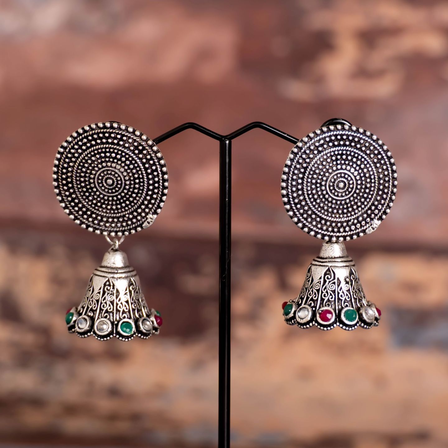 Round Top & Red Green White Stone Border Jhumka