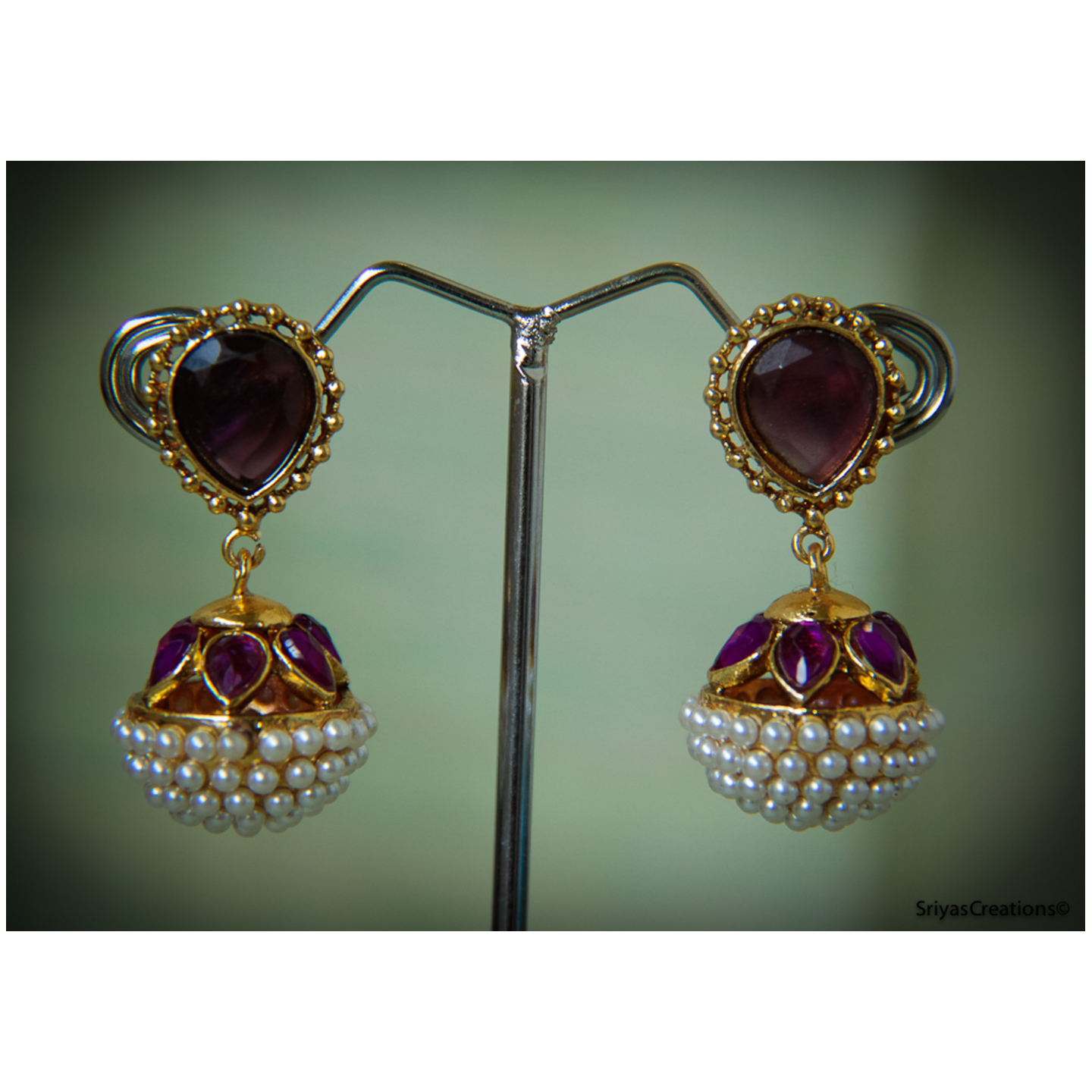 Purple Pearl Drop Round Danglers