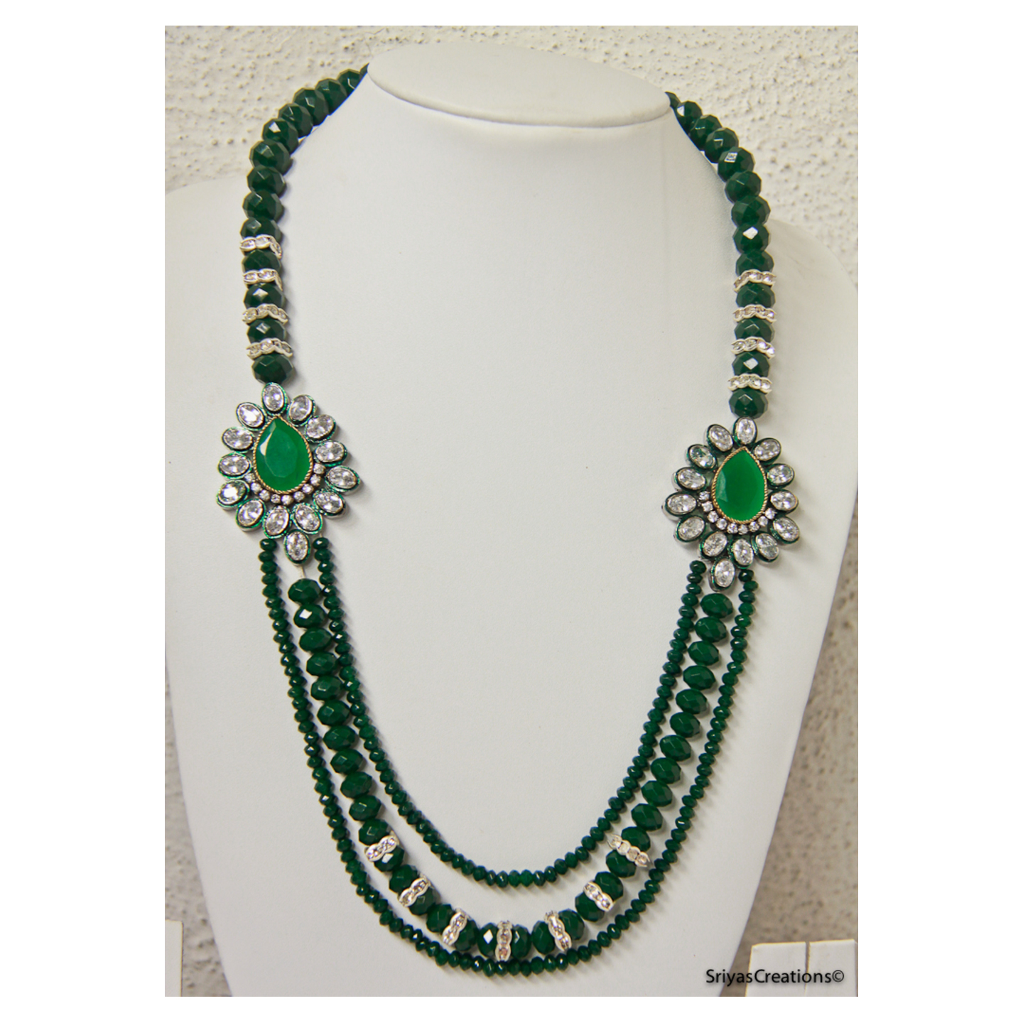 Green Stone Studded Moppu Three Layer Necklace Set