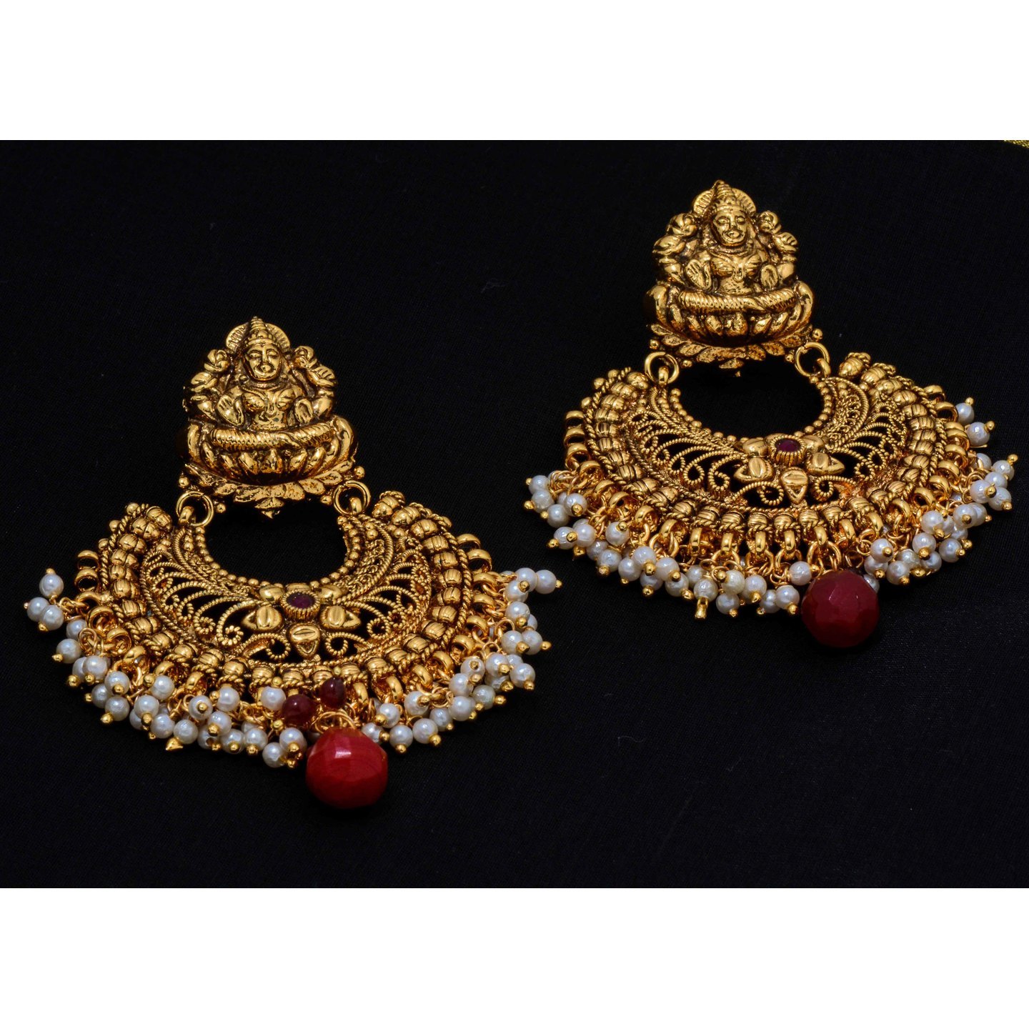 Red & Pearl -Lakshmi Wedding ChandBali Earrings