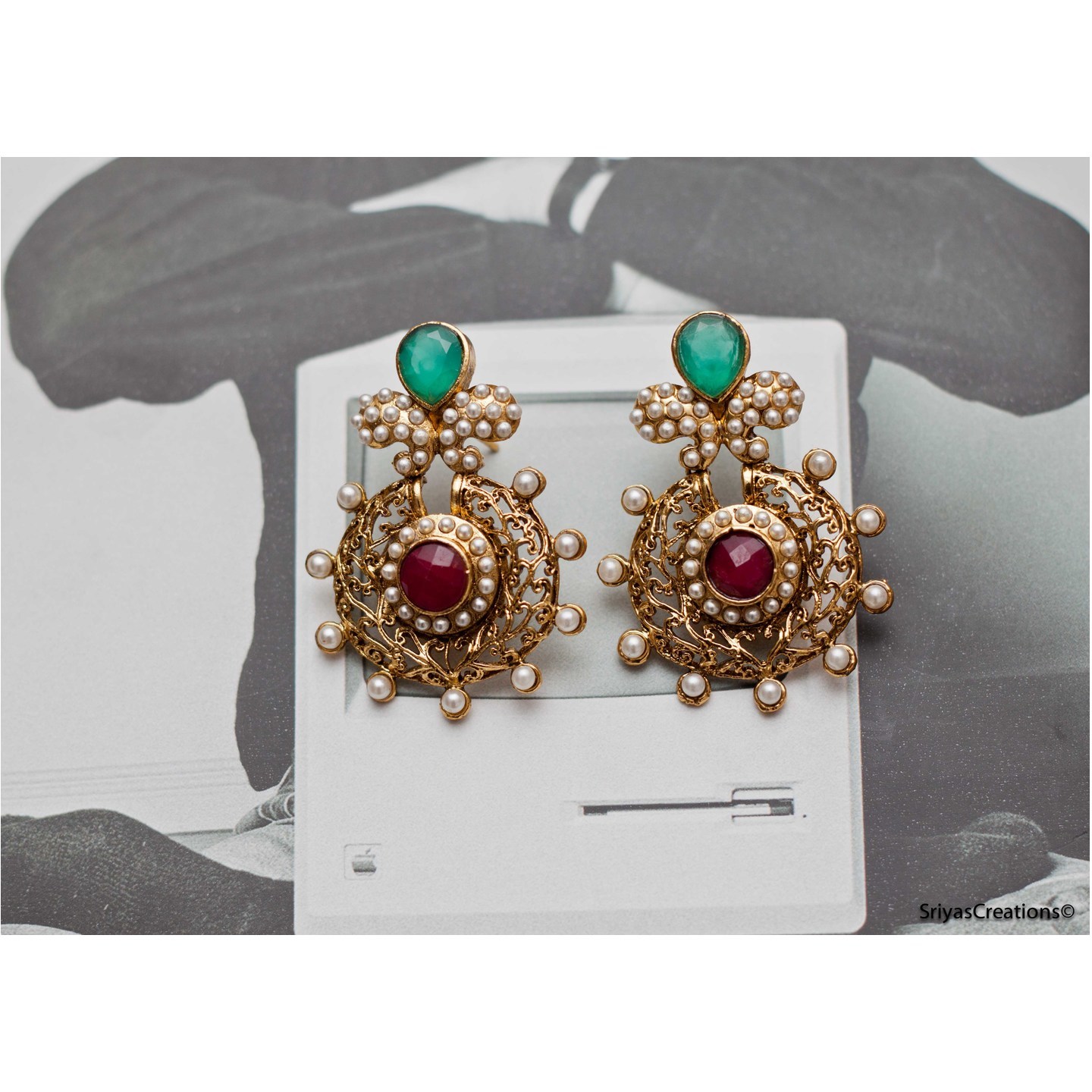 Green Pearl Drop & Red Round Earrings