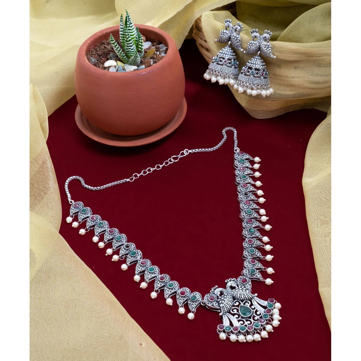 Red Green Peacock Leaf shaped Neckpiece & Jhumka Earring Set