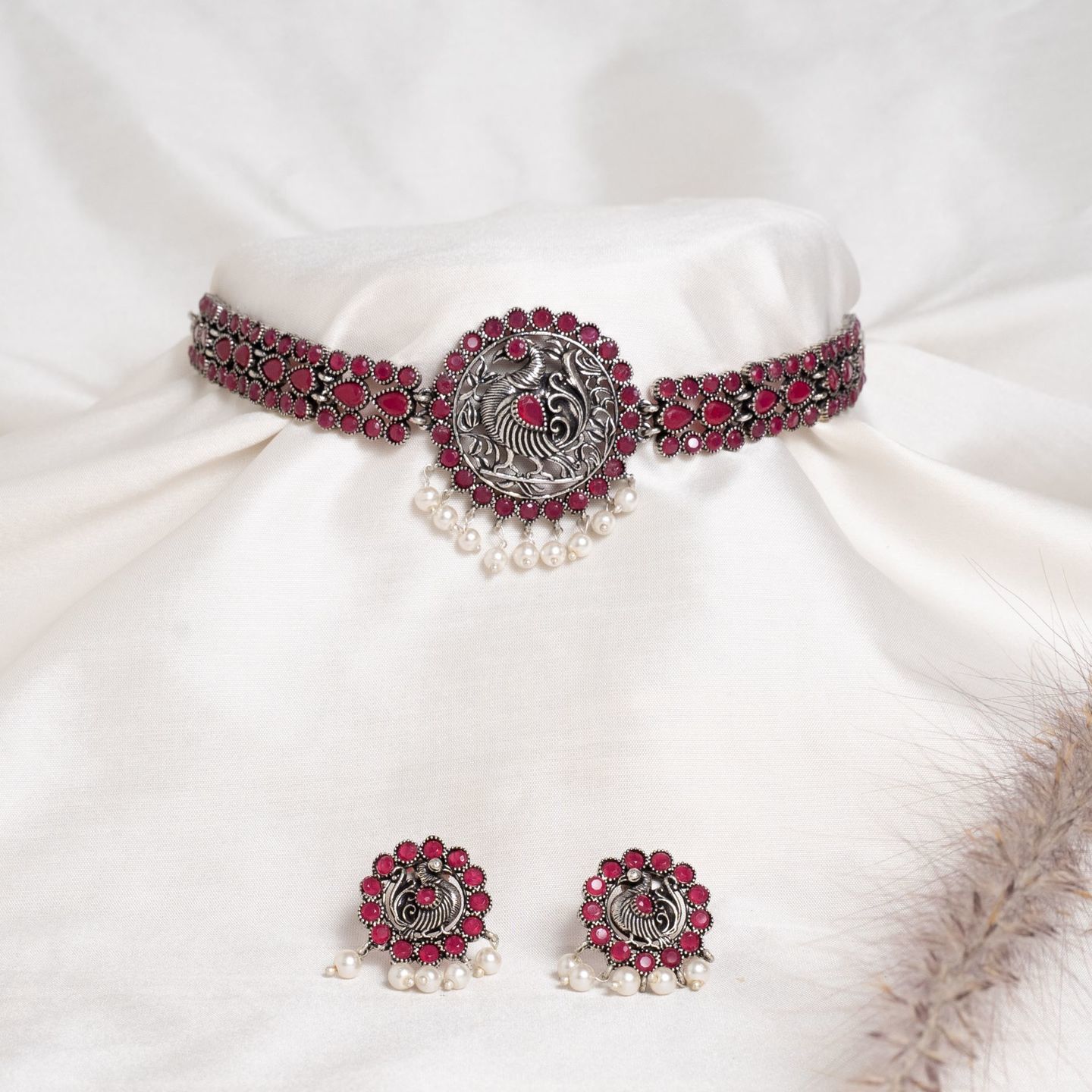 Red Stone  Studded PeacockDesign Necklace Set