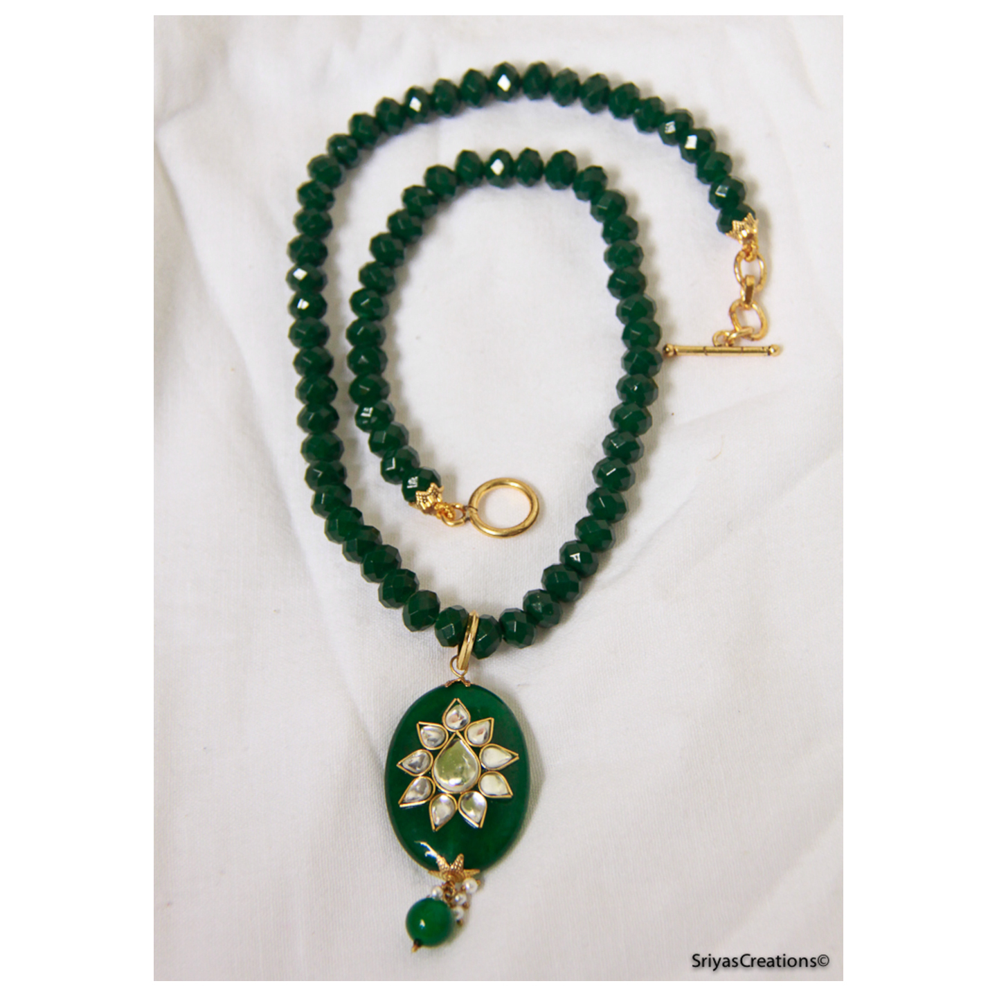 Green Stone & Kundan Studded Oval Pendant Necklace Set