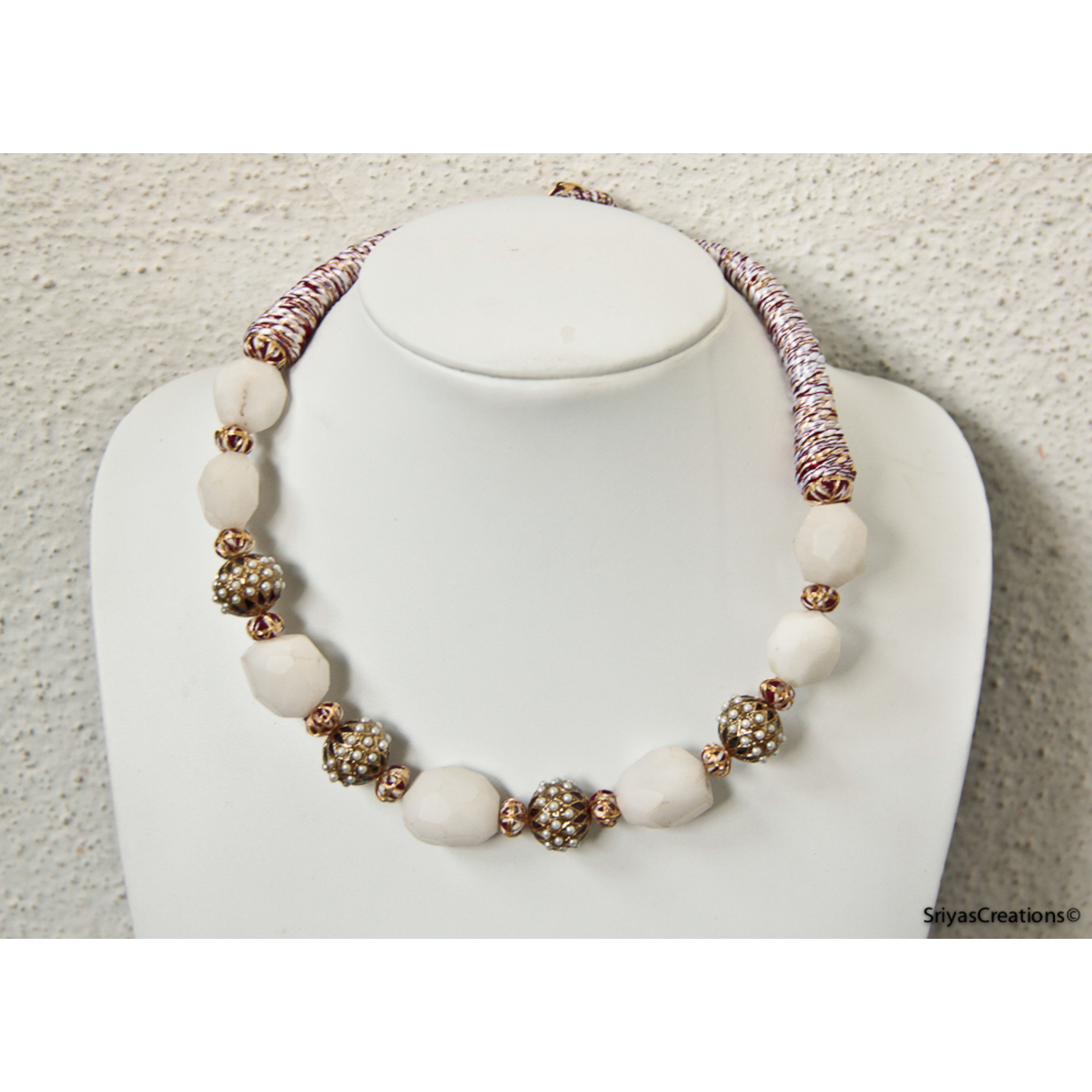 White Stone & Red Enamel Pearl Thread Necklace