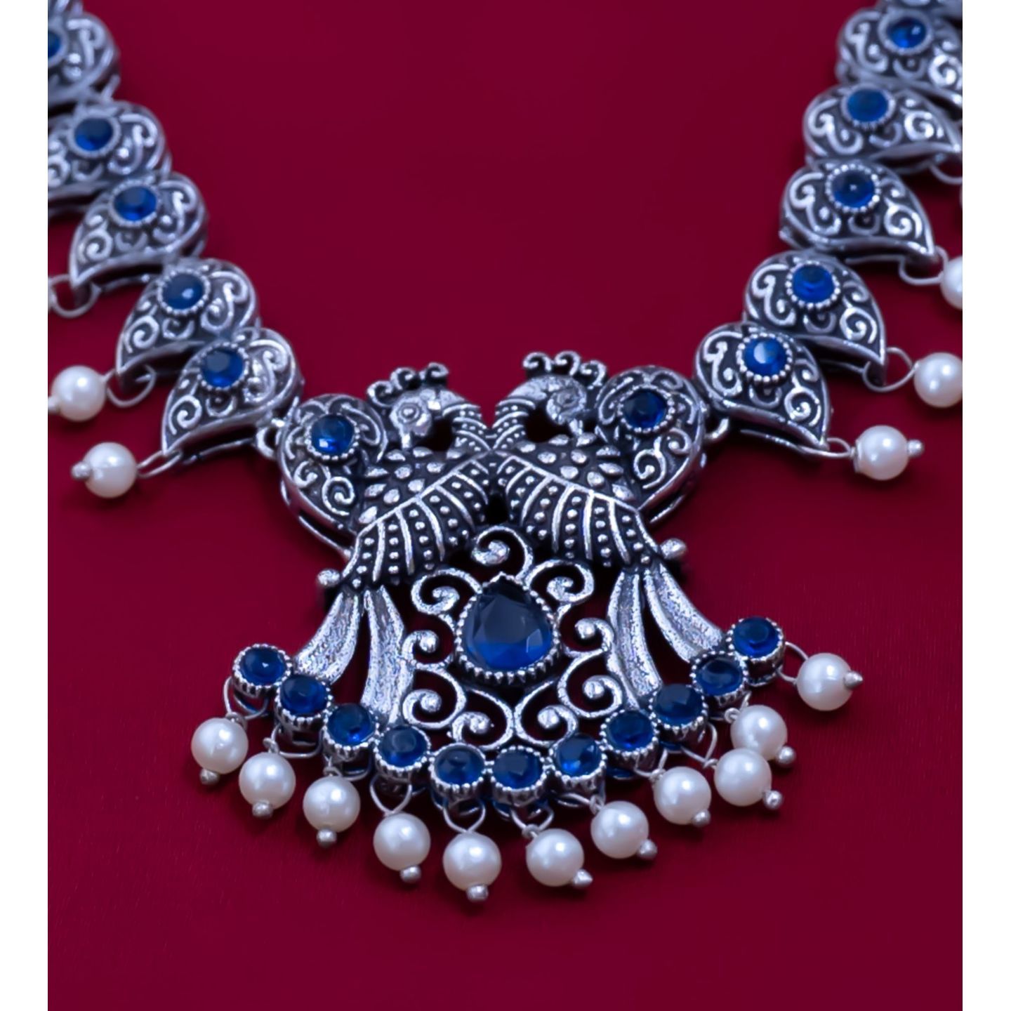 Blue Peacock Leaf shaped Neckpiece & Jhumka Earring Set