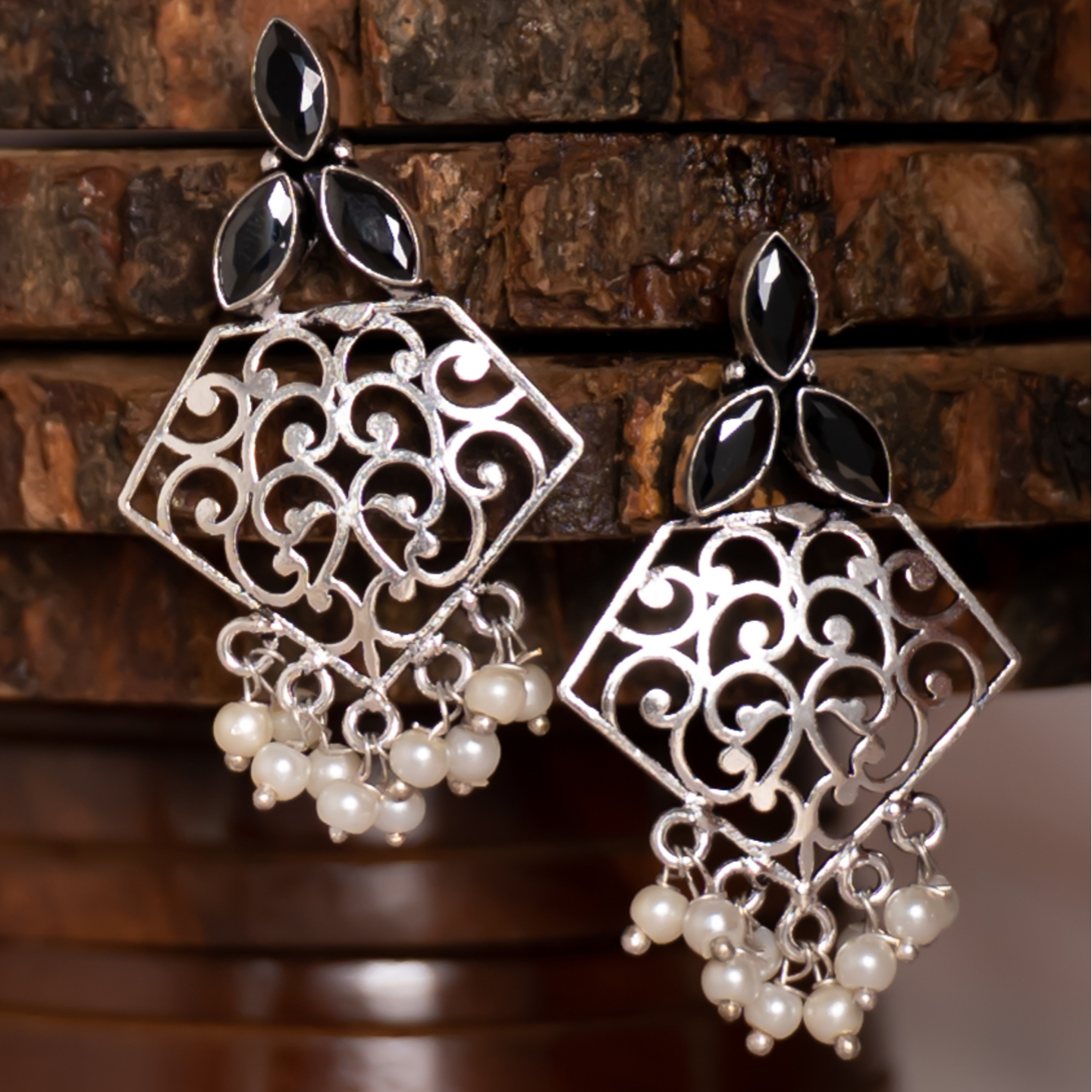 Black Three Stone Silver Jali Earrings