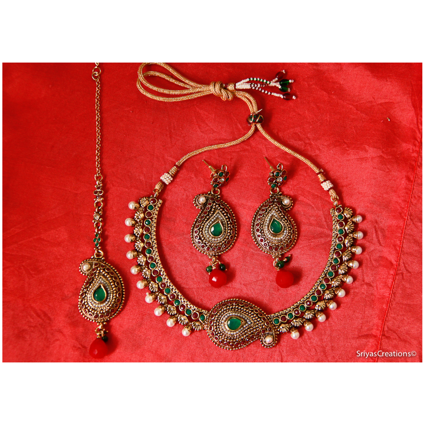 Paisely Stone Embossed Necklace Set -  Green Red Multi
