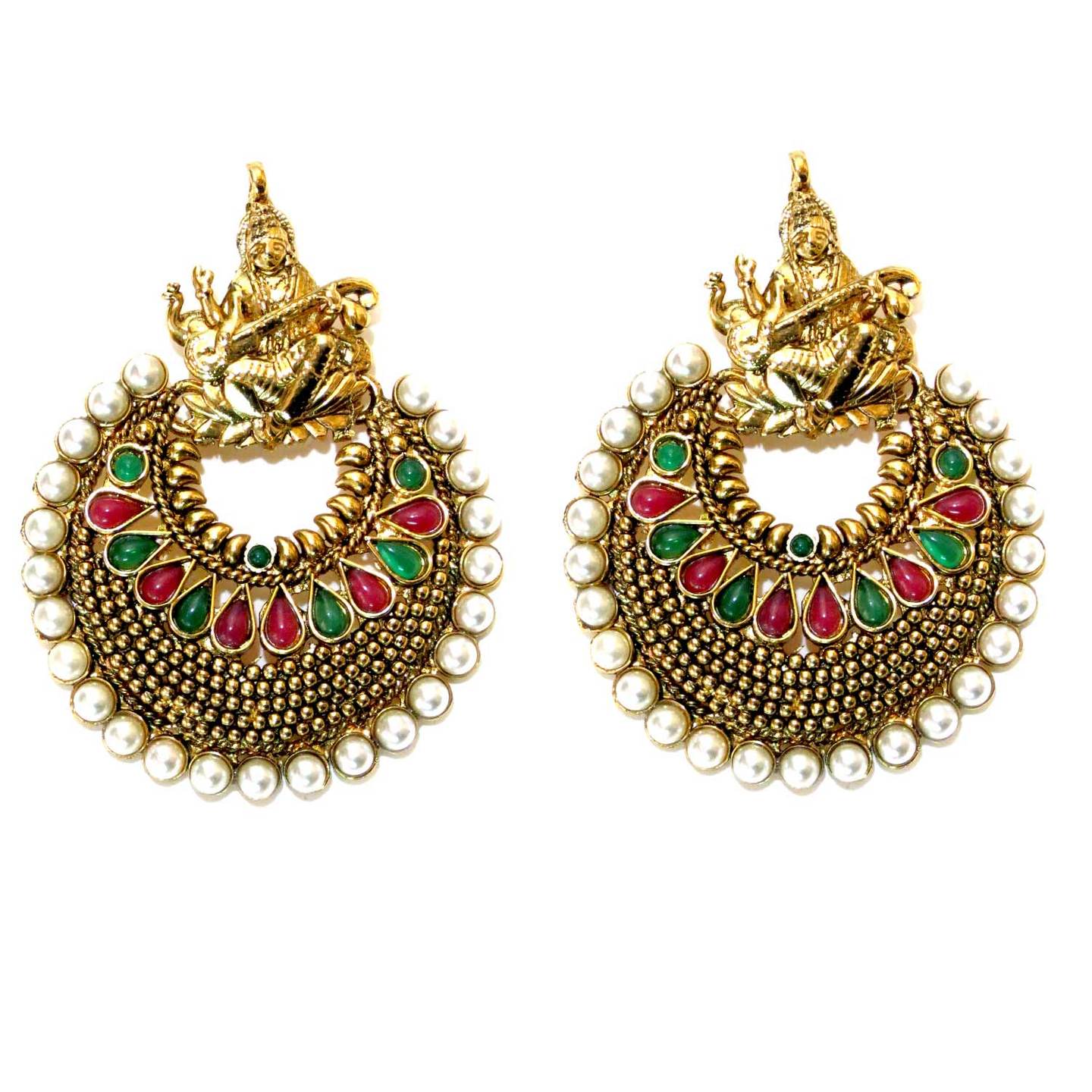 Indian Mythology Pearl Lined Earrings - Green & Red