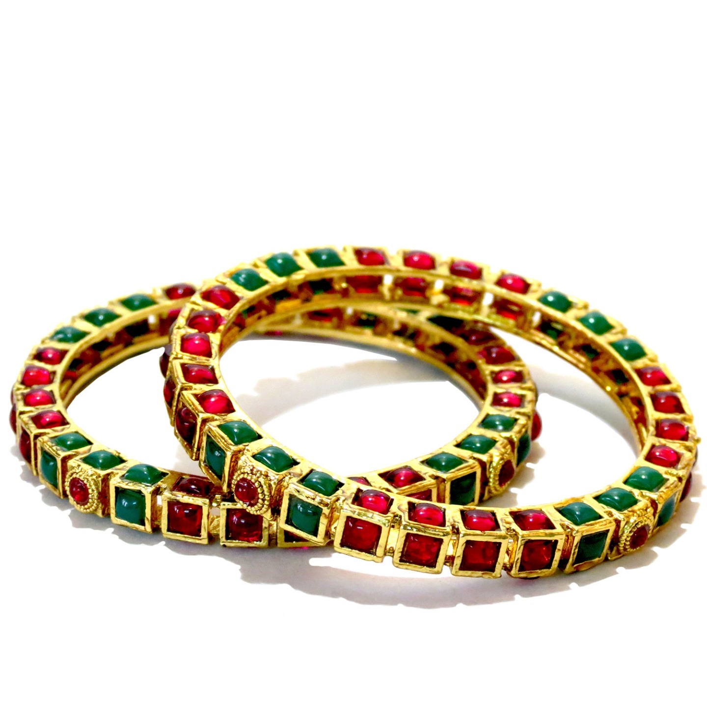 Pink & Green Stone Studded Bangles - Set of Two