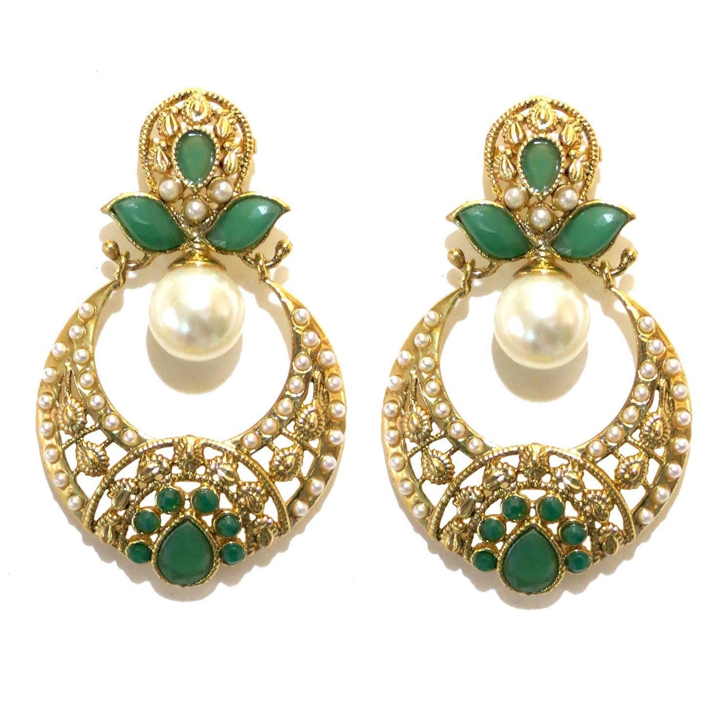 Green Stones Cutwork Drop Earrings
