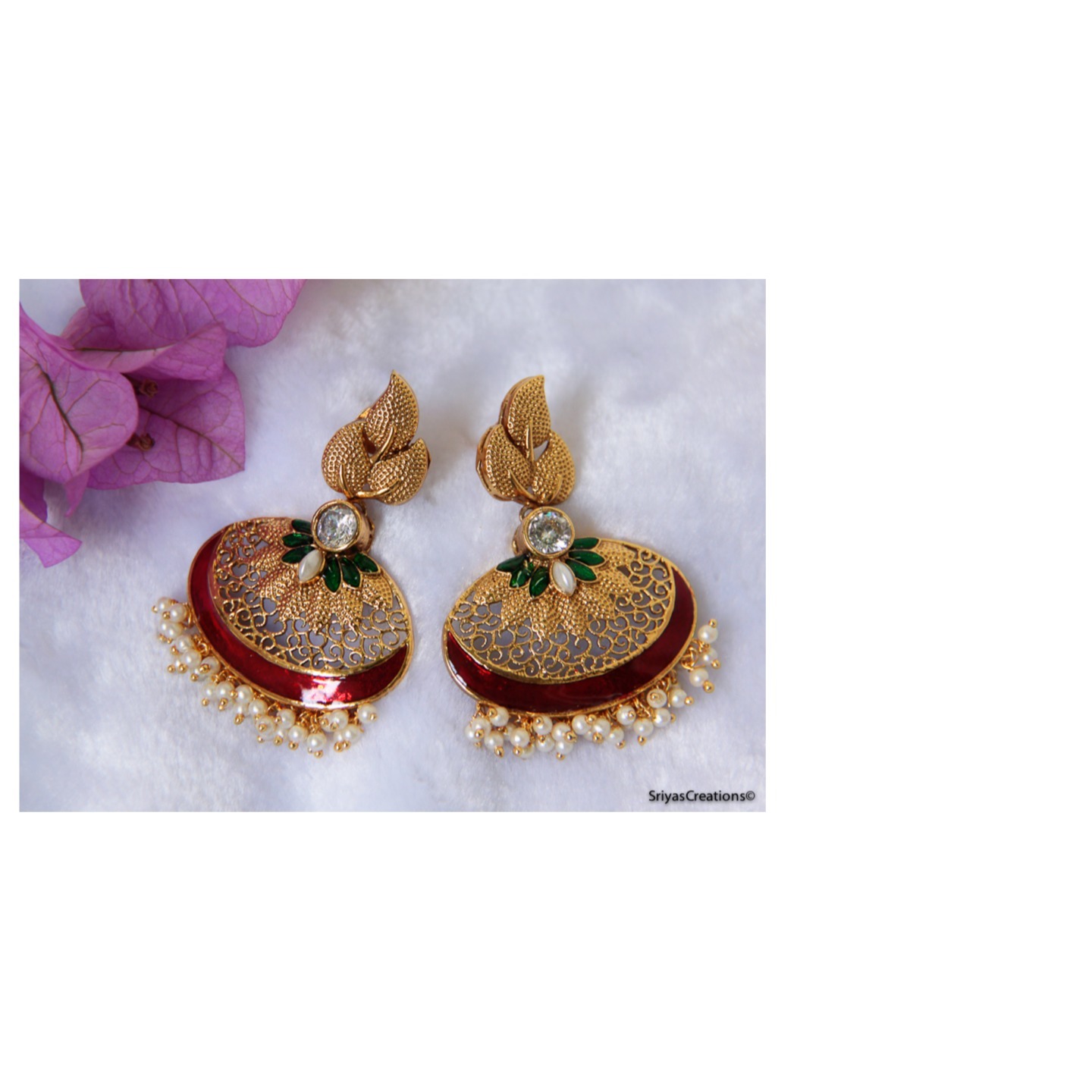 Leaf Kundan Red Green Floral Enamel Oval Danglers