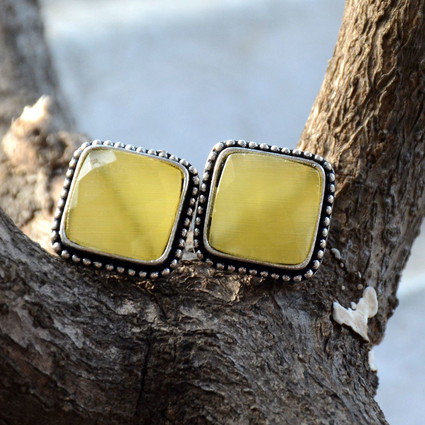 Yellow Silver Tone Square Ear Top
