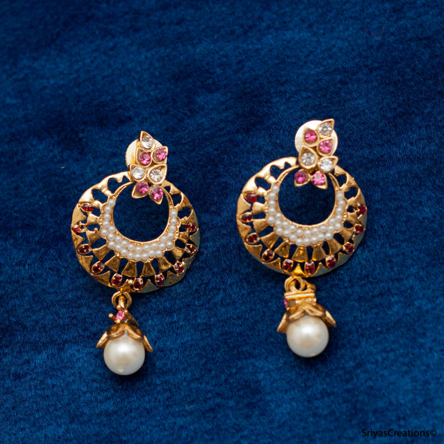 Pink Floral Chand Earrings - Small