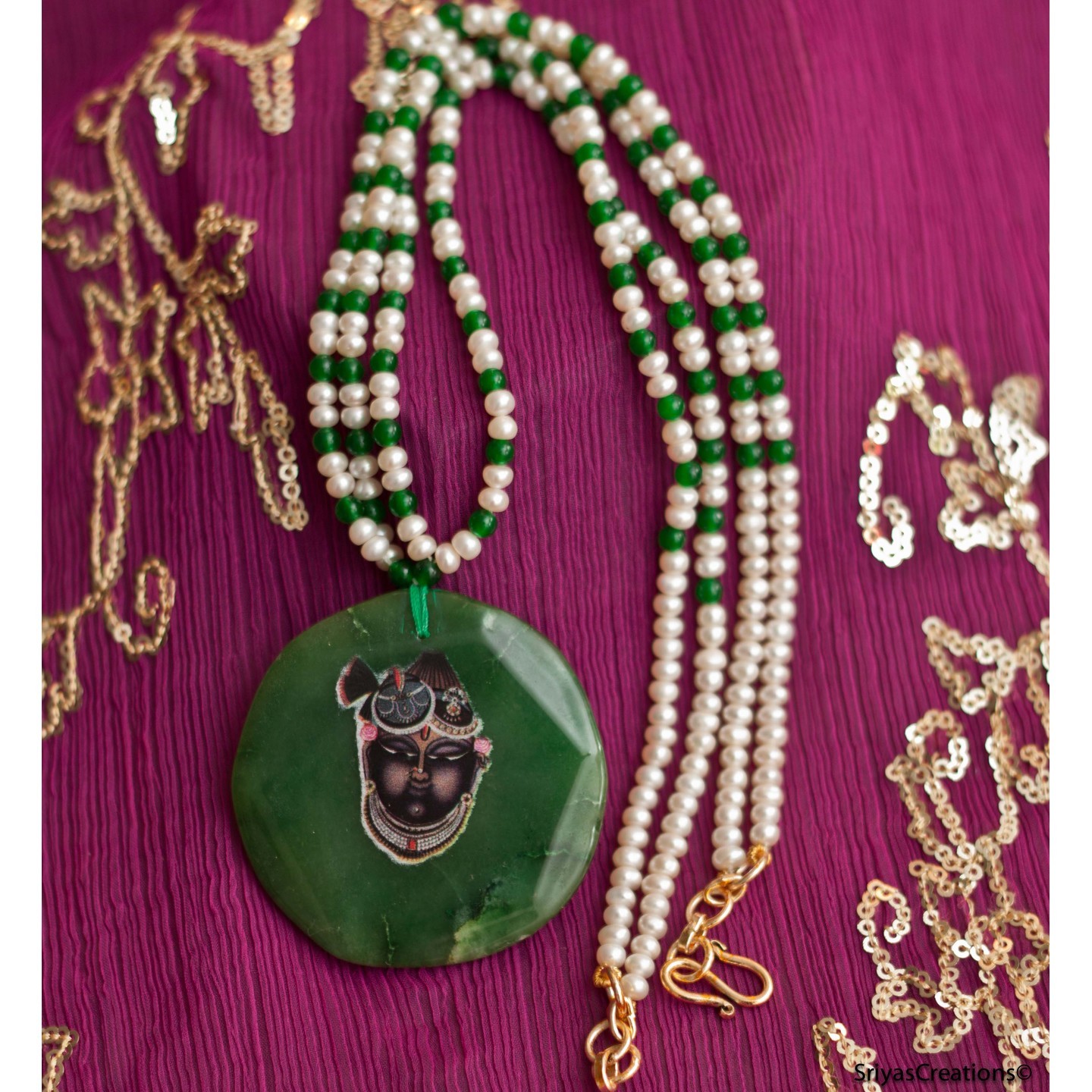Handpainted Krishna Gemstone Pendant & Green Pearl Layered Handcrafted Necklace