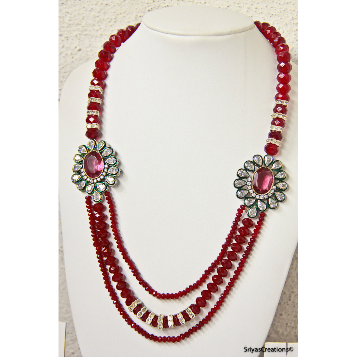 Pink Stone Studded Moppu Three Layer Necklace Set