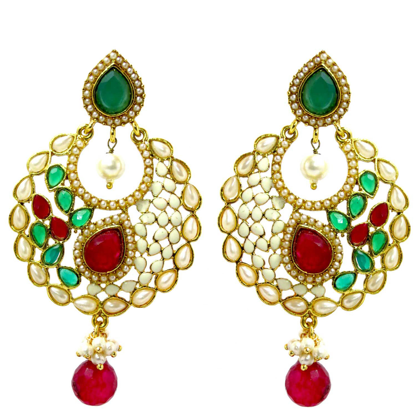 Green  Red Teardrop Embellished Dangler Earrings