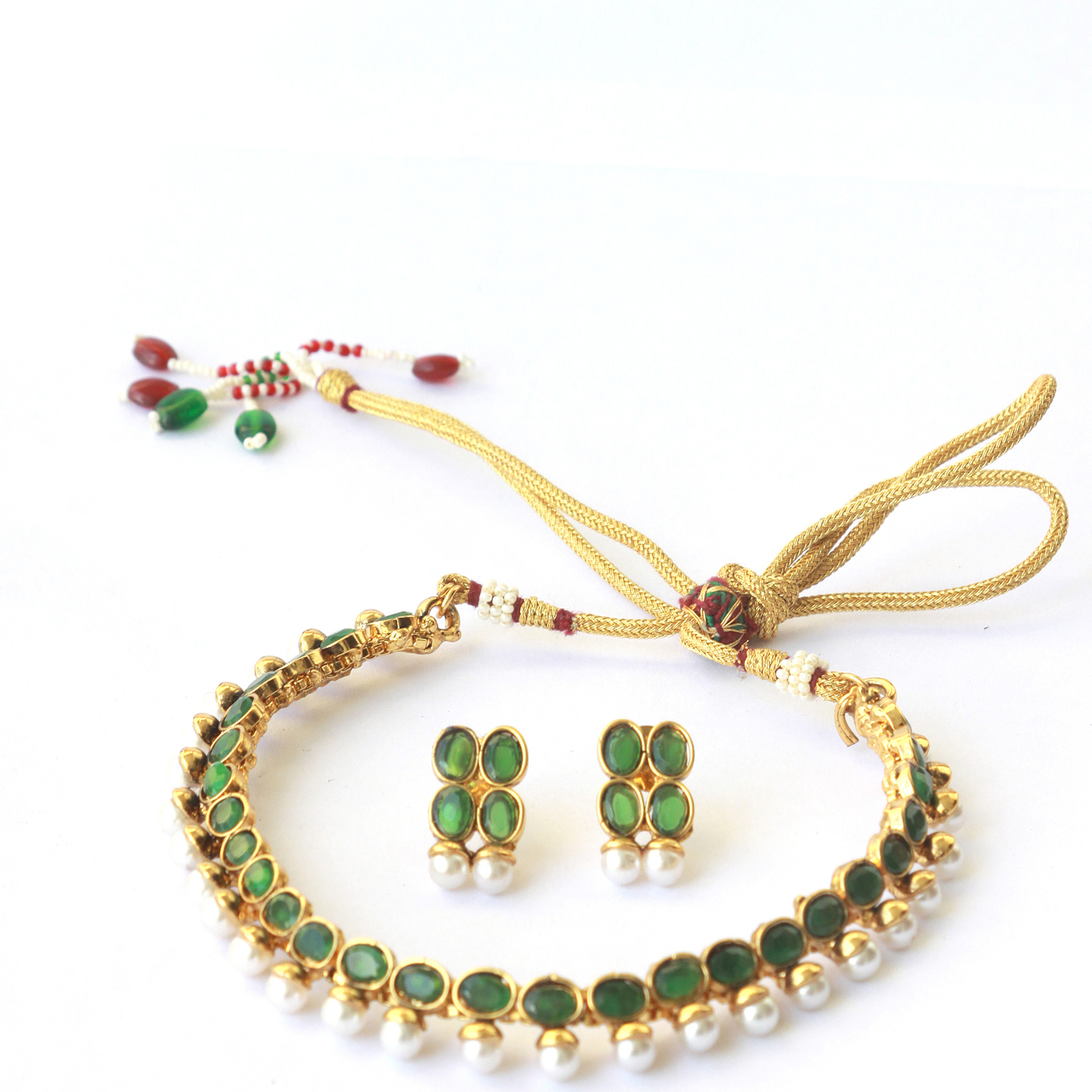 Green Oval Stone Pearl Necklace Set