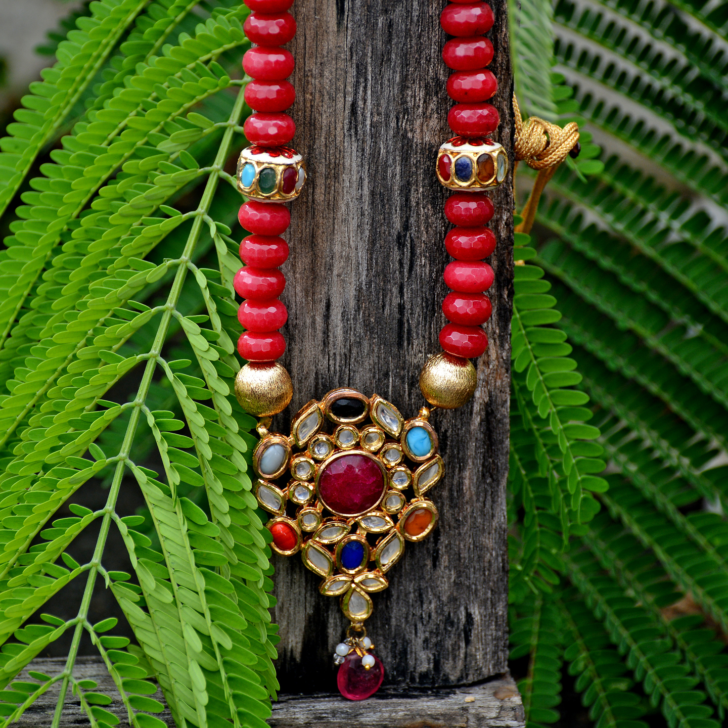 Navarathna Penadant & Ruby Red Beaded Necklace Set