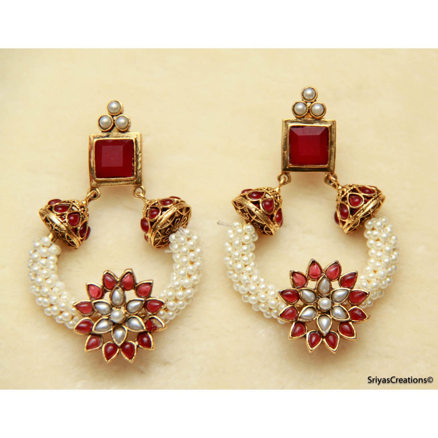 Red Pearl floral Round Square Earrings