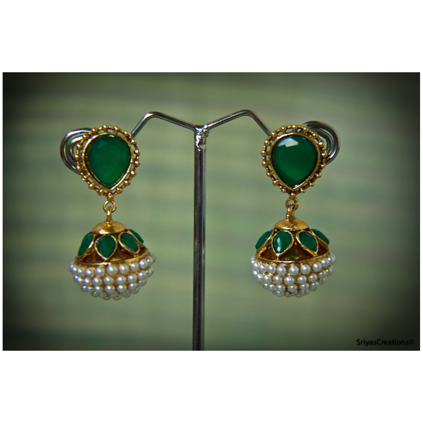 Green Pearl Drop Round Danglers
