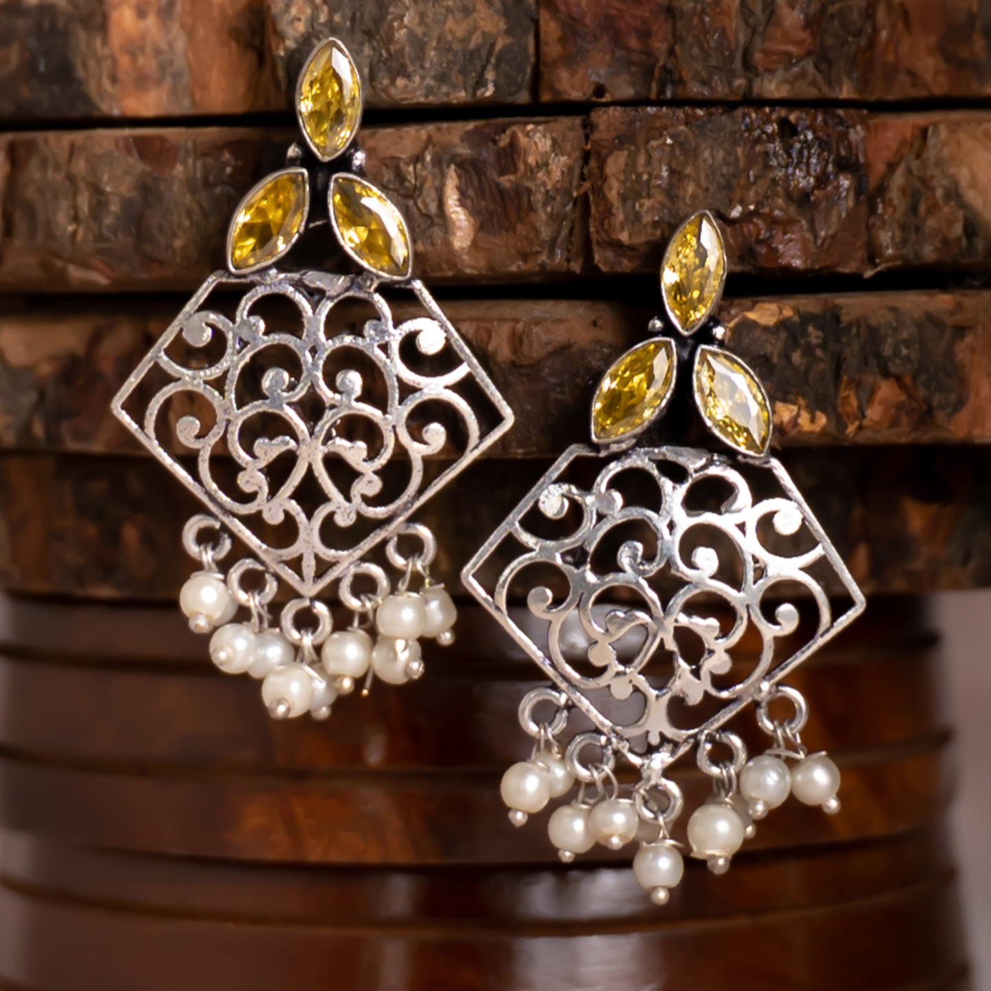 Yellow Three Stone Silver Jali Earrings