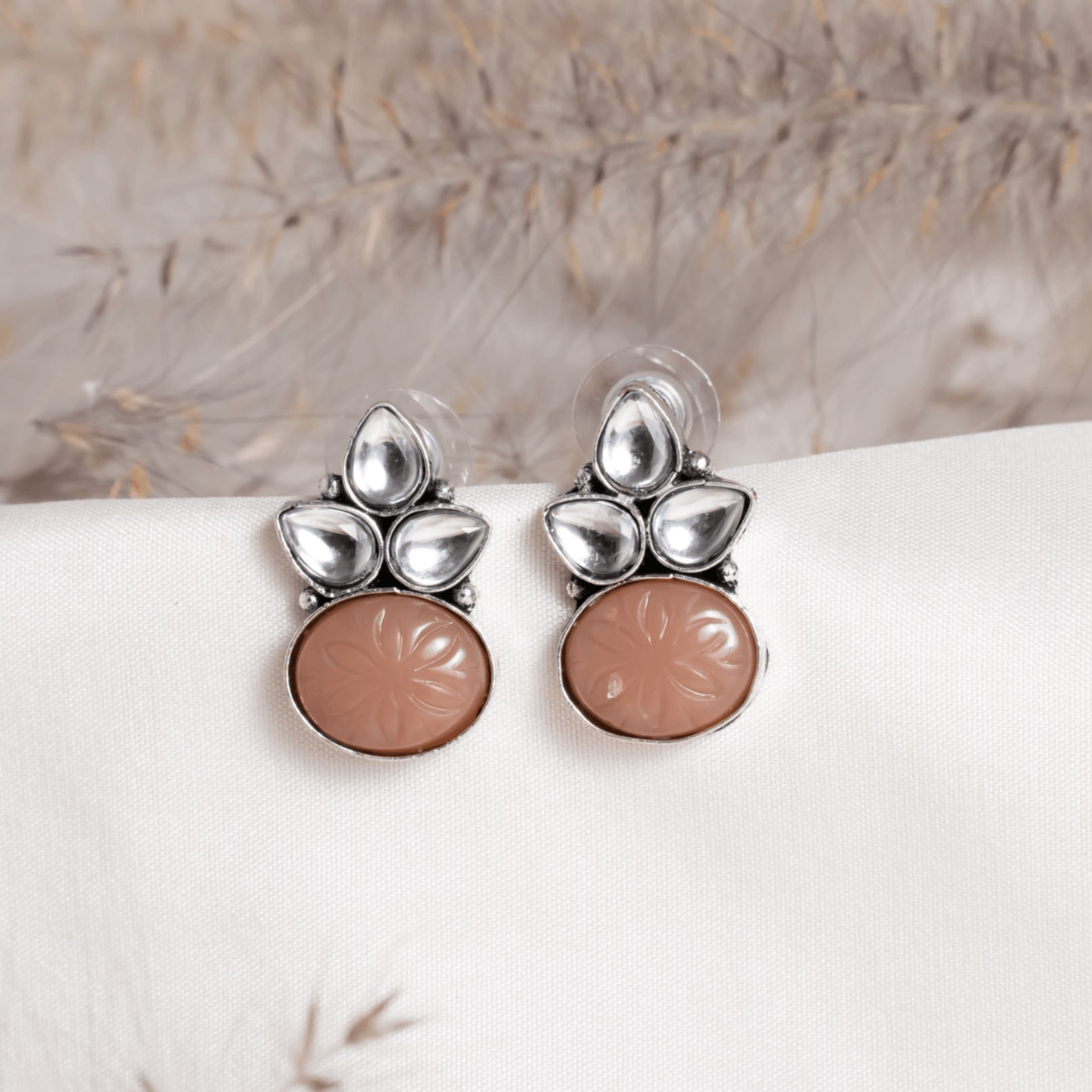 Peach Round & white Leaf shaped Stud