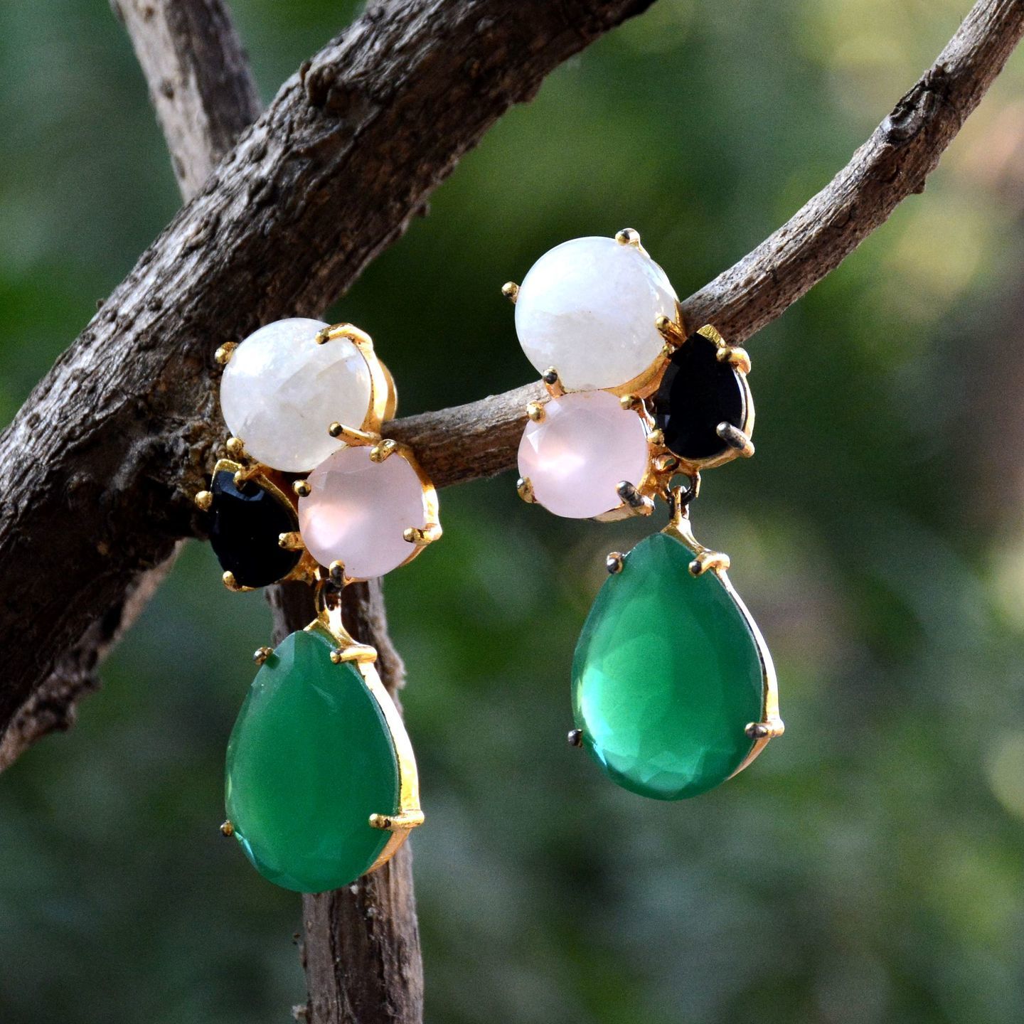 Moon Stone Rose quartz Green Gemstone Danglers
