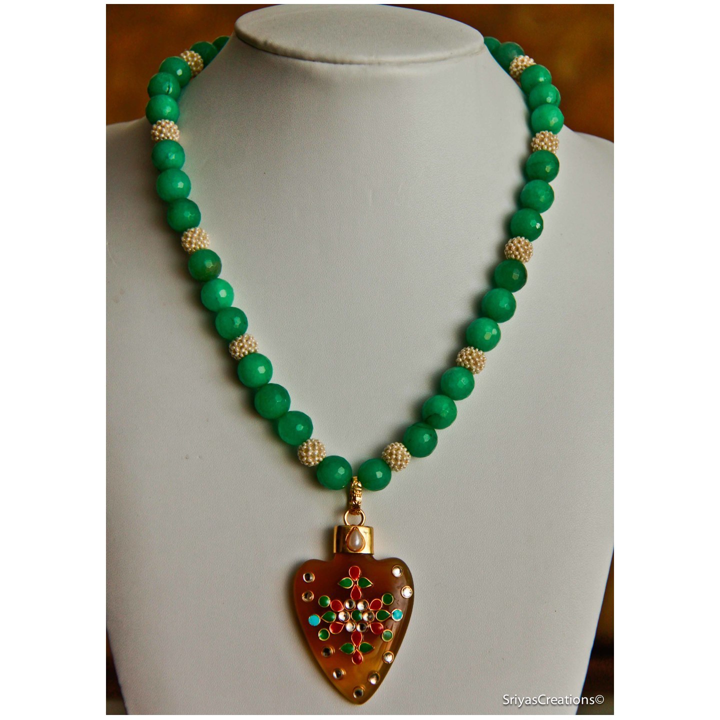 Multi Stone Brown Pendant & Green Apple Pearl Handmade Necklace