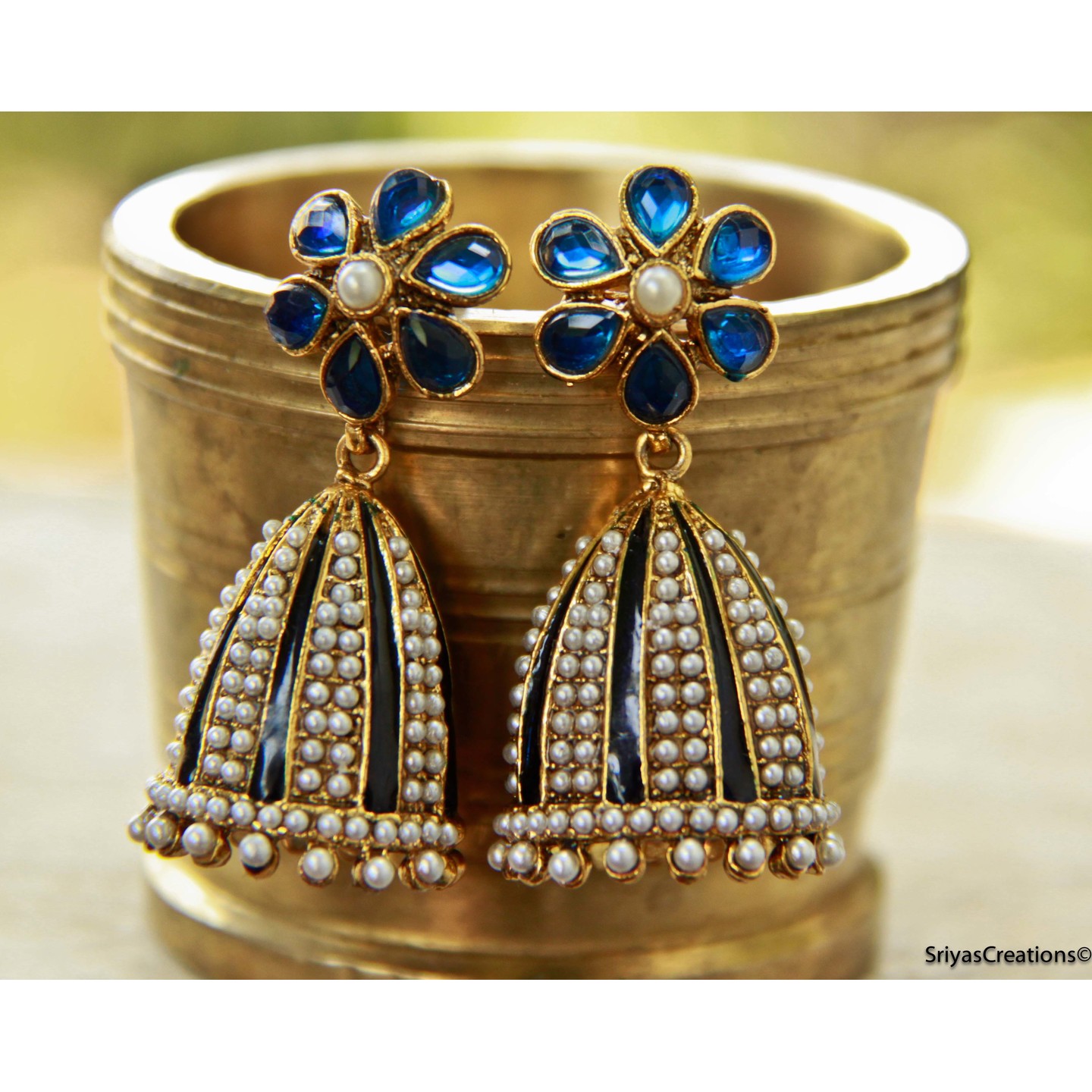 Blue Floral Pearl Layer Jhumka
