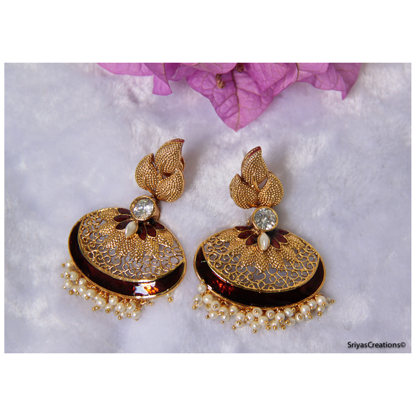 Leaf Kundan Brown Floral Enamel Oval Danglers