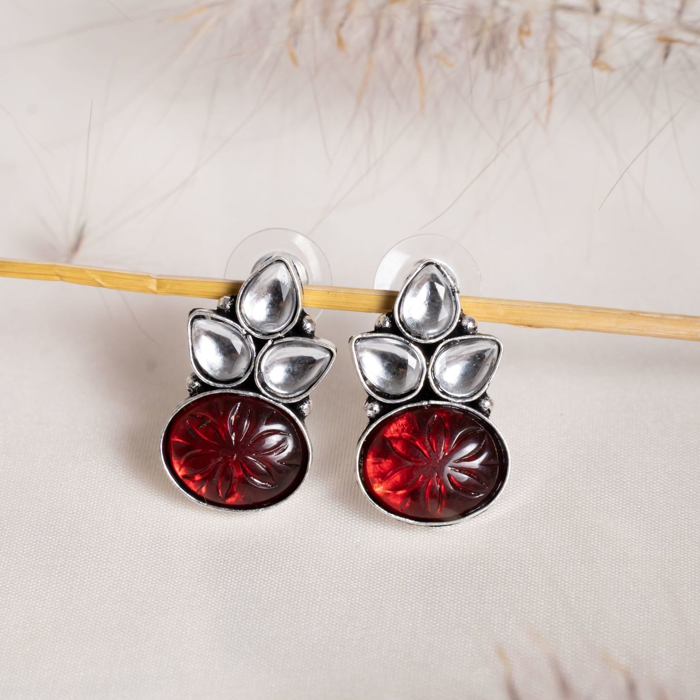 Red Round & white Leaf shaped Stud