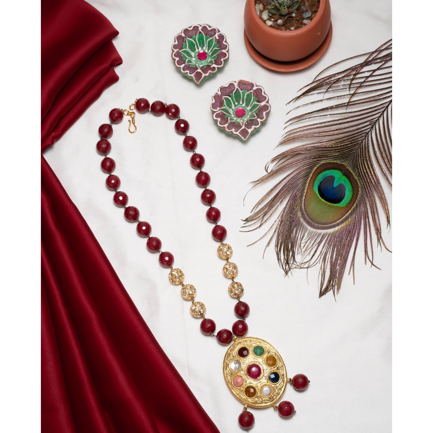 Navaratna Round Gold Red Stone Designer Necklace