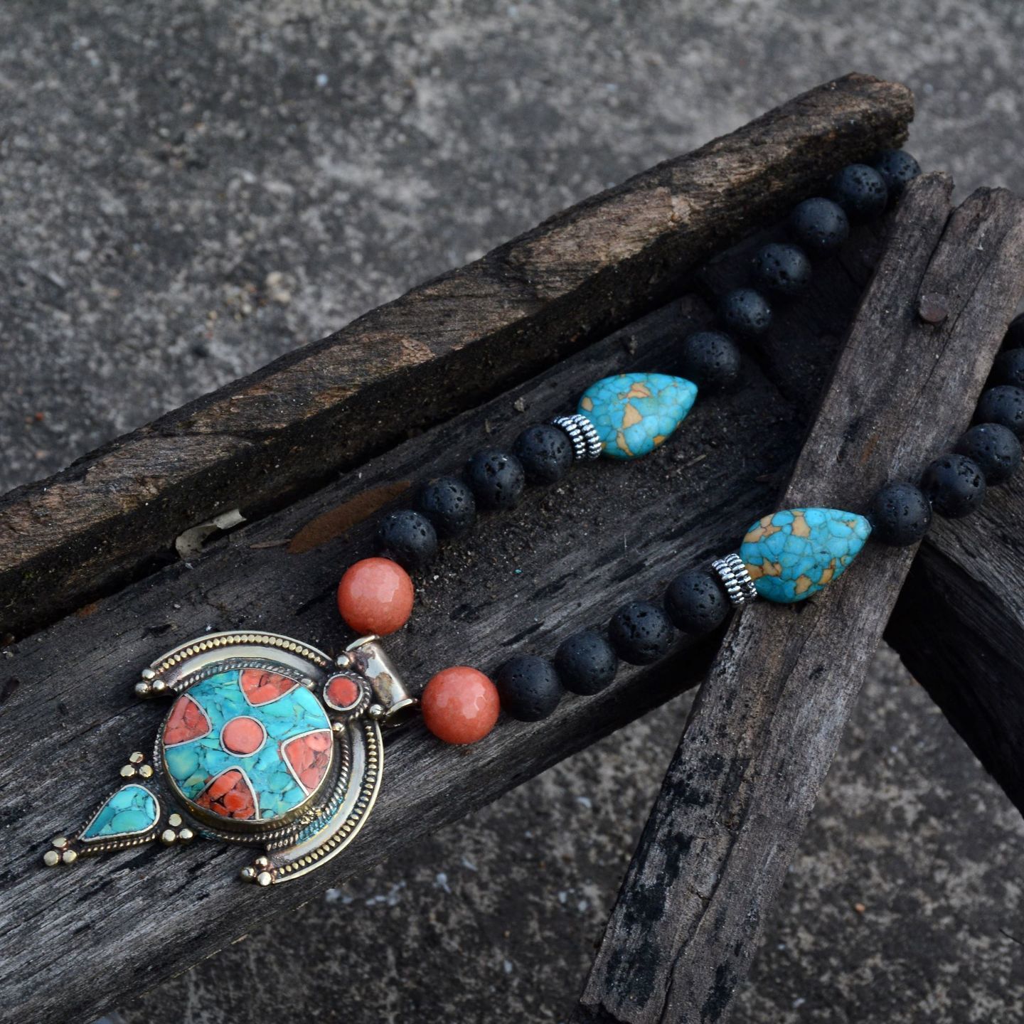 Turquoise Rust Silver Tone Black Lava Beaded Handmade Designer Necklace