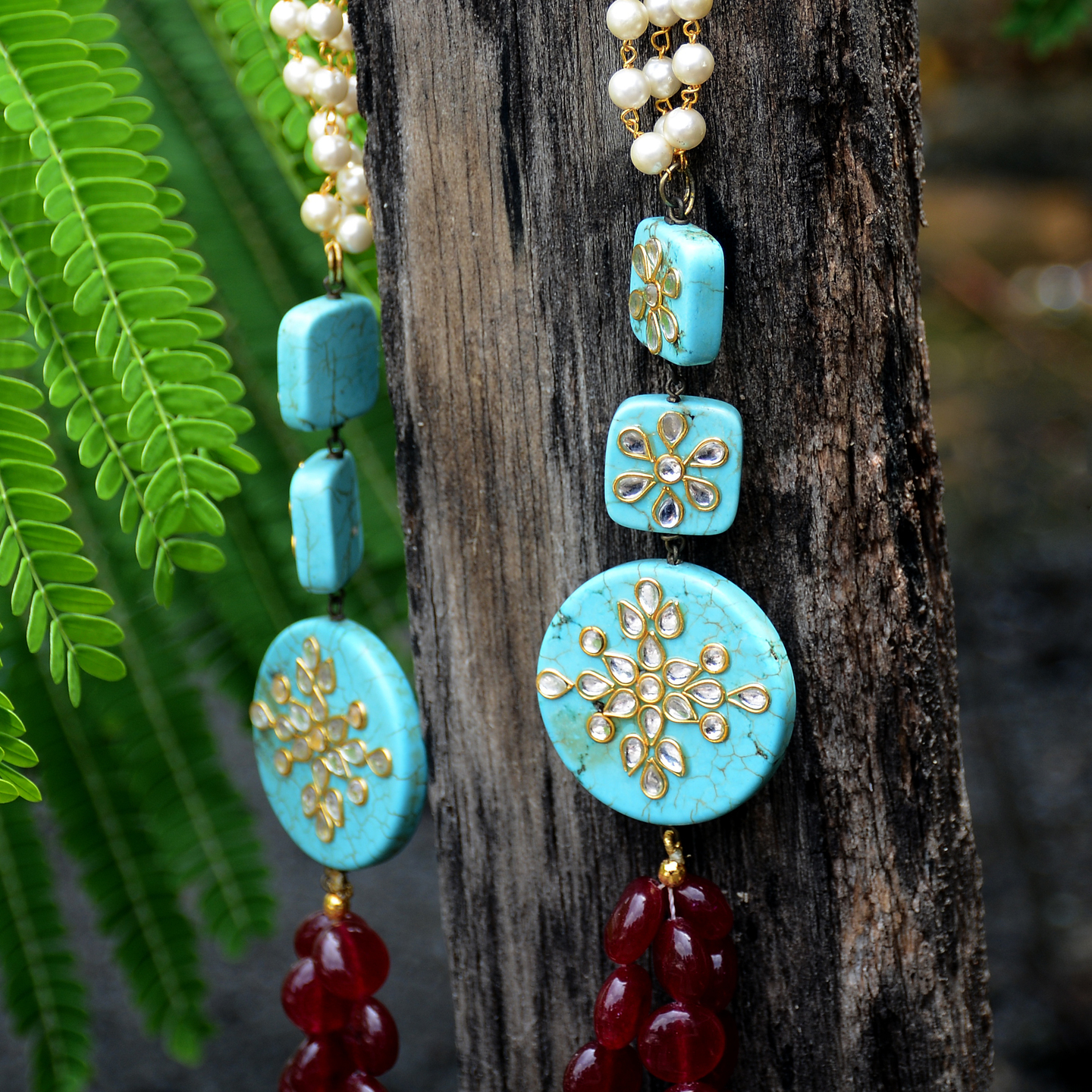 Three layer Red stone & Kundan Turquoise side pendant Pearl Necklace