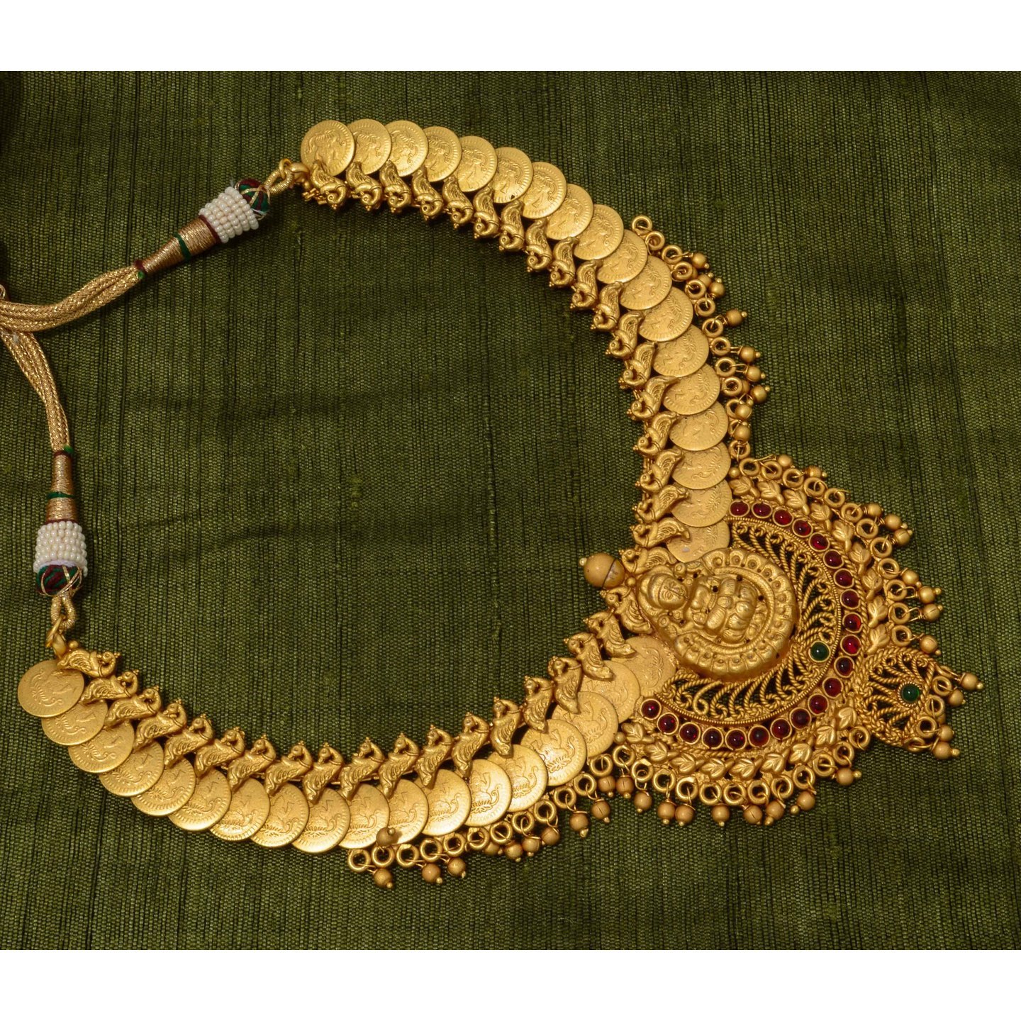 Red & Green Lakshmi Coin Necklace Set - Wedding Collections