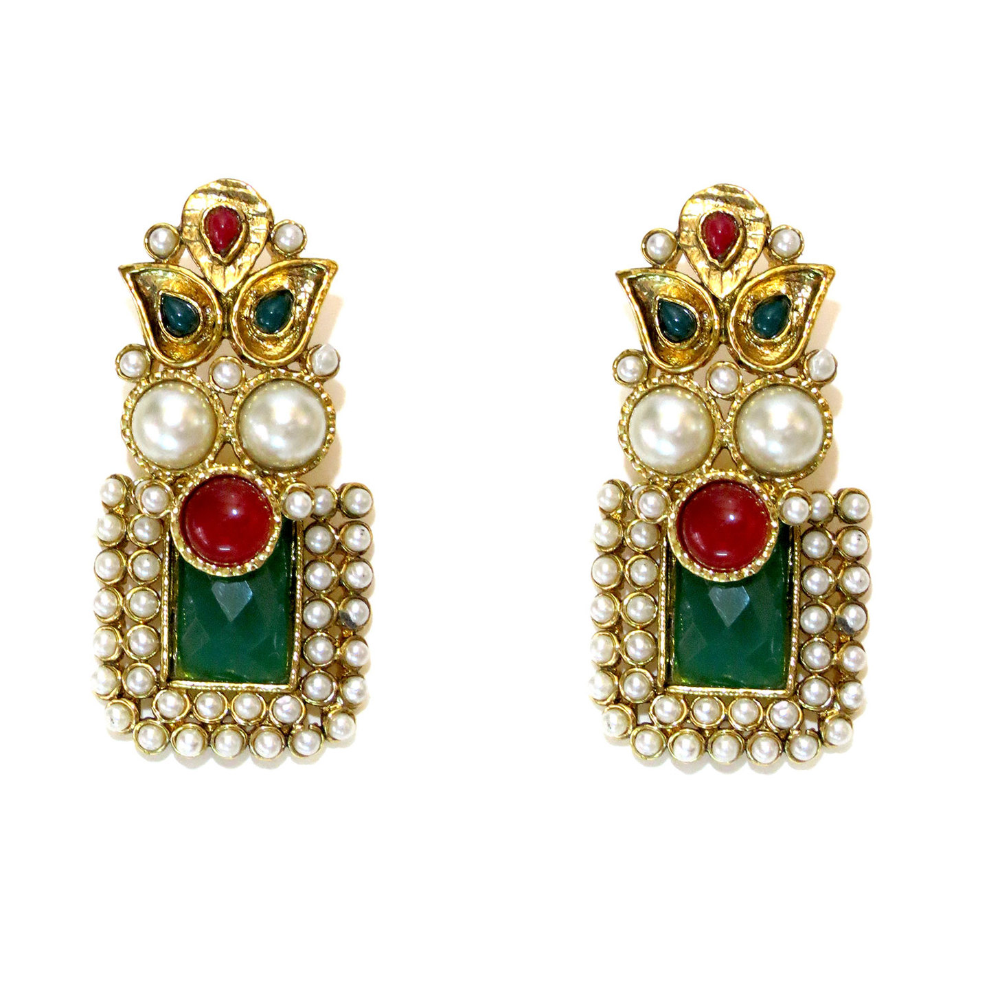 Rectangle Stone Drop Earrings - Green & Red