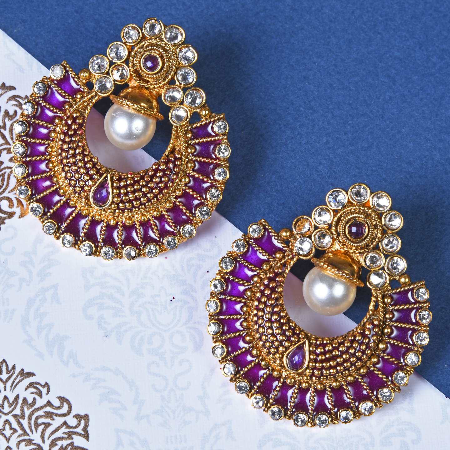 Purple Polki Moon Shaped Earrings