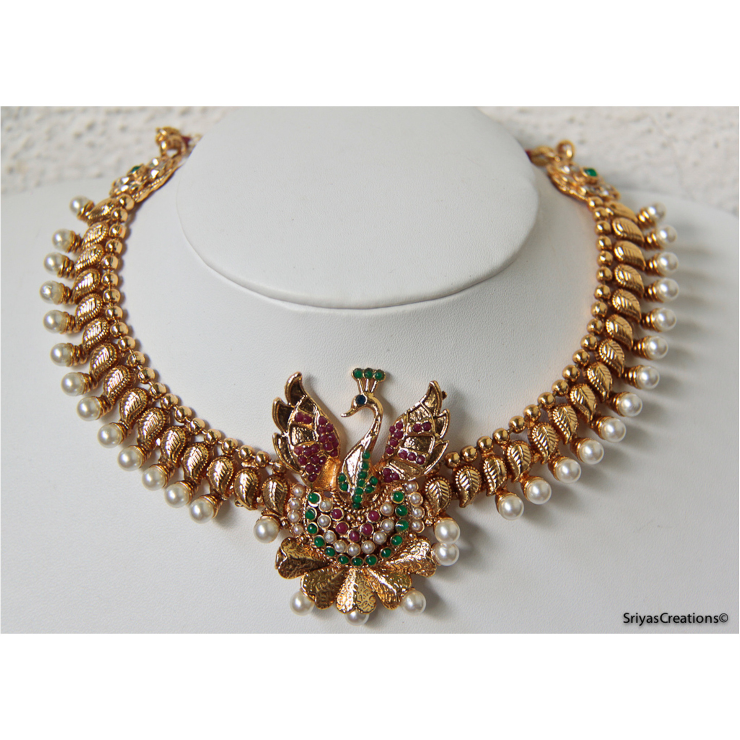 Peacock Pendant Necklace Set - Red Green Multi