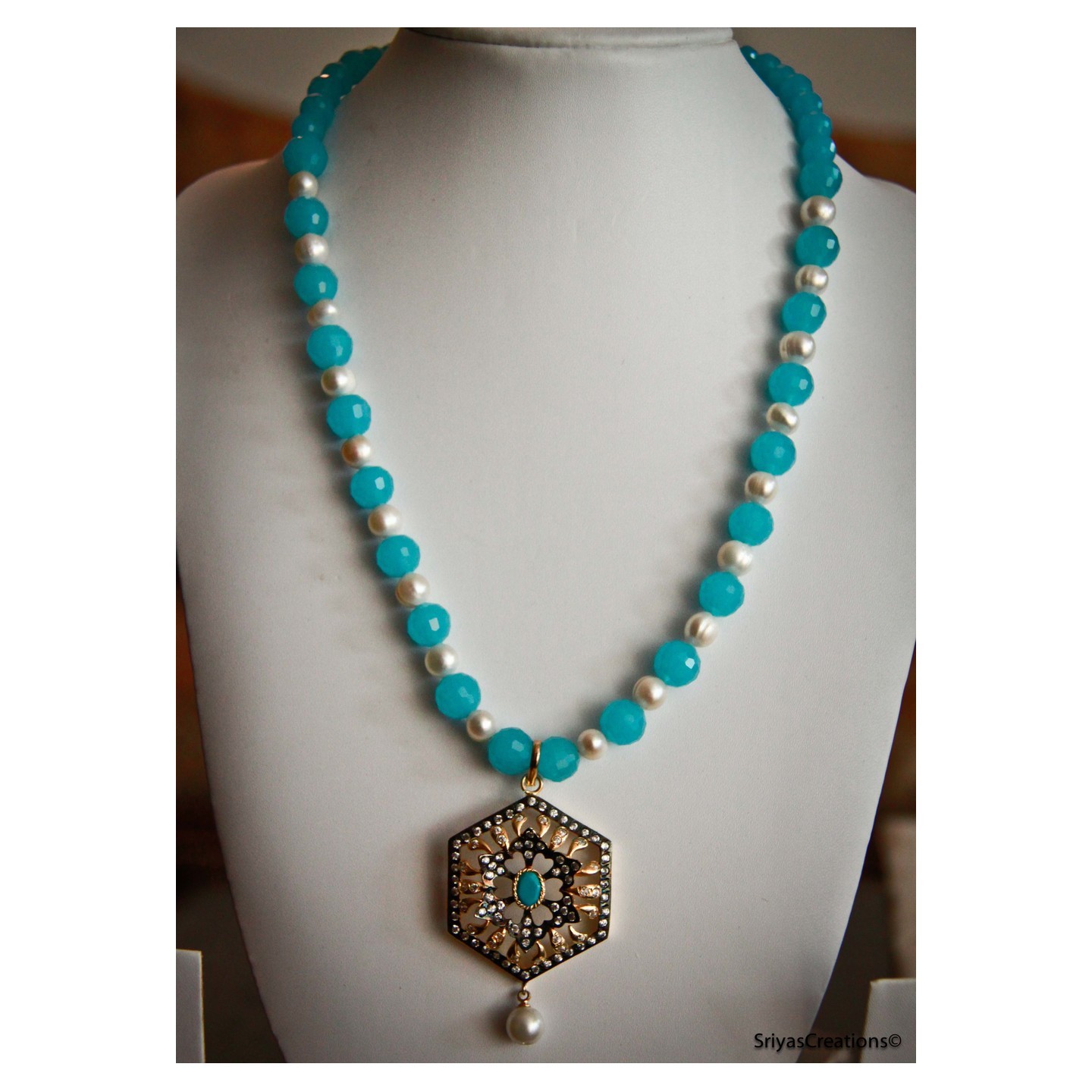Turquoise Pearl AD Handmade Necklace Set