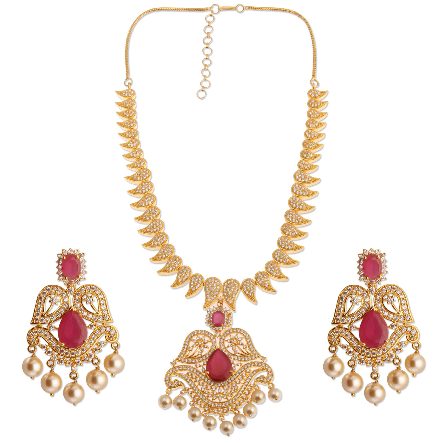 Paisely Shaped Red and Ad stone studded Necklace Set