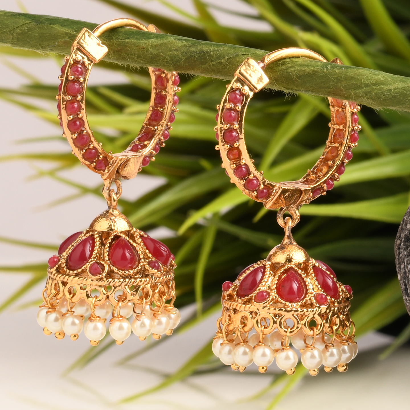 Red Stone Studded Ring Jhumka