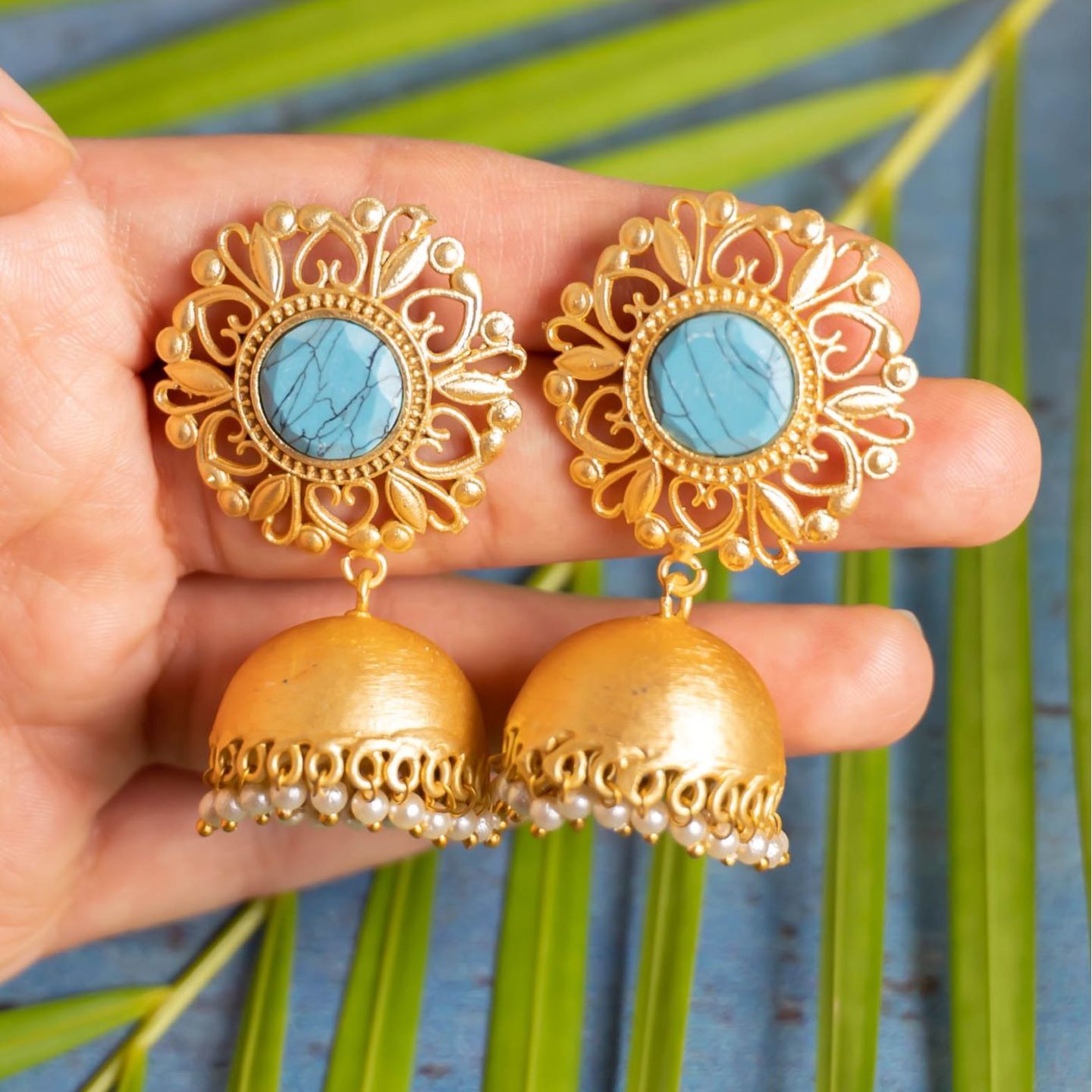 Turquoise Stone Floral Top Jhumka