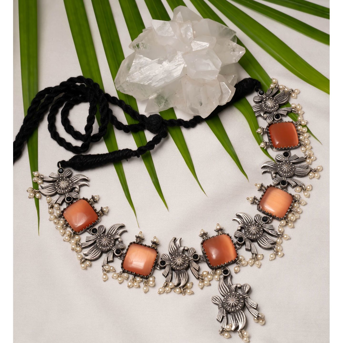 Orange Floral Silver Color Necklace