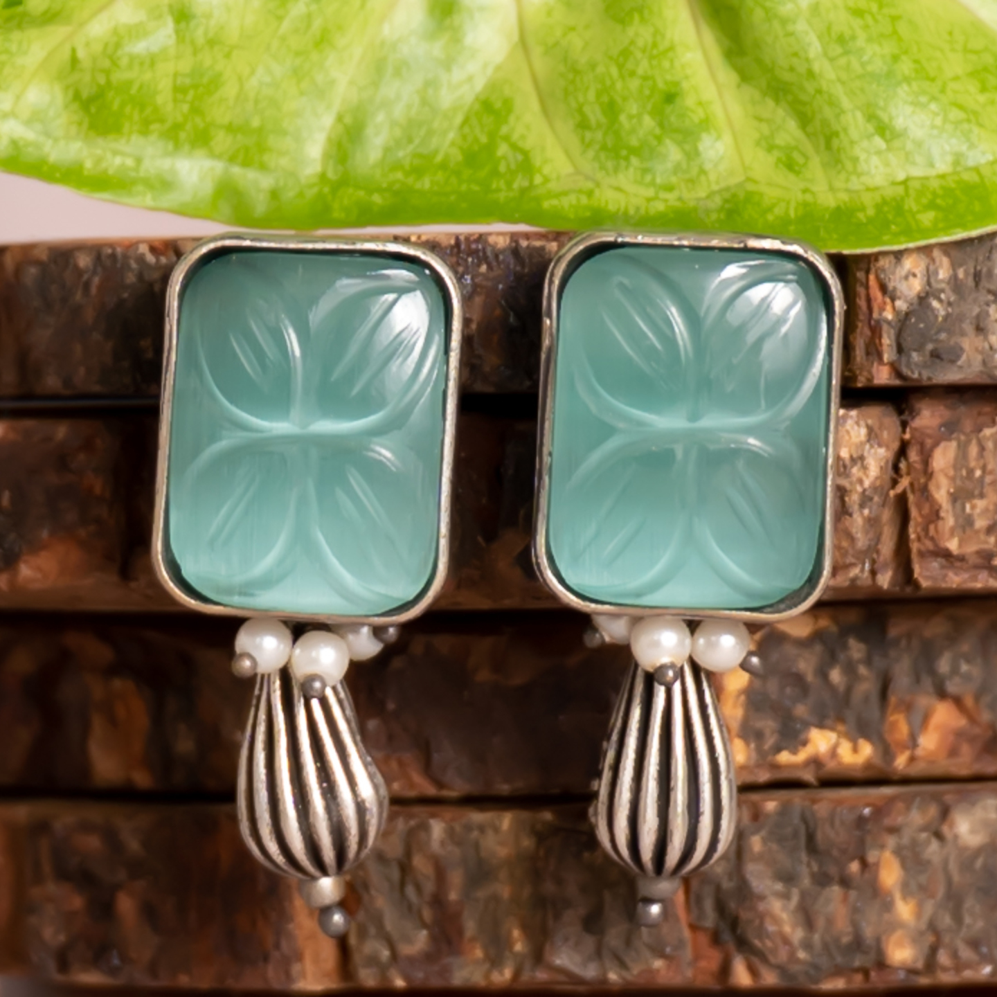 Sea Blue Stone Rectangle Engraved Stud
