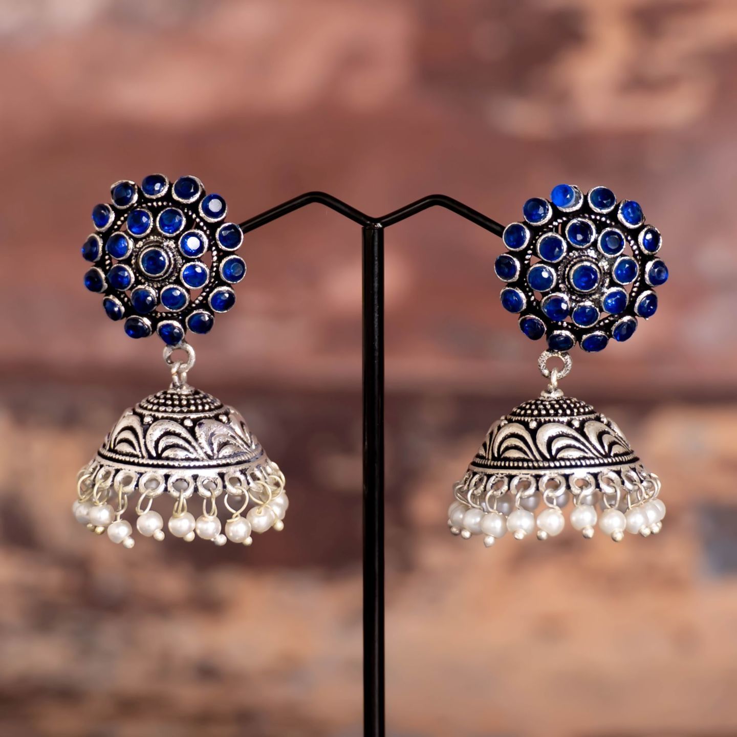 Blue Stone Floral Top & Silver Jhumka