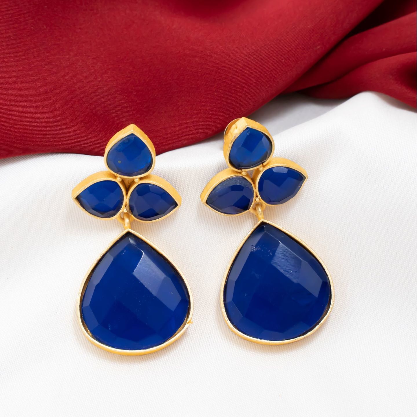 Blue Three Leaf Stone Drop Danglers