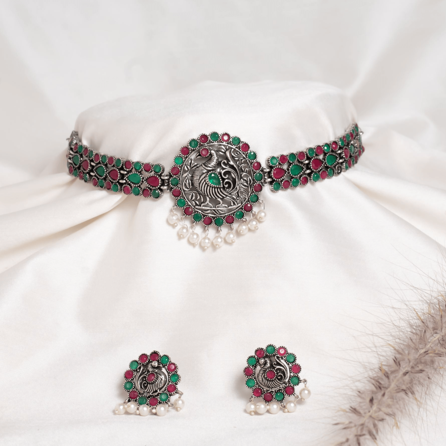 Red & Green Stone  Studded PeacockDesign Necklace Set